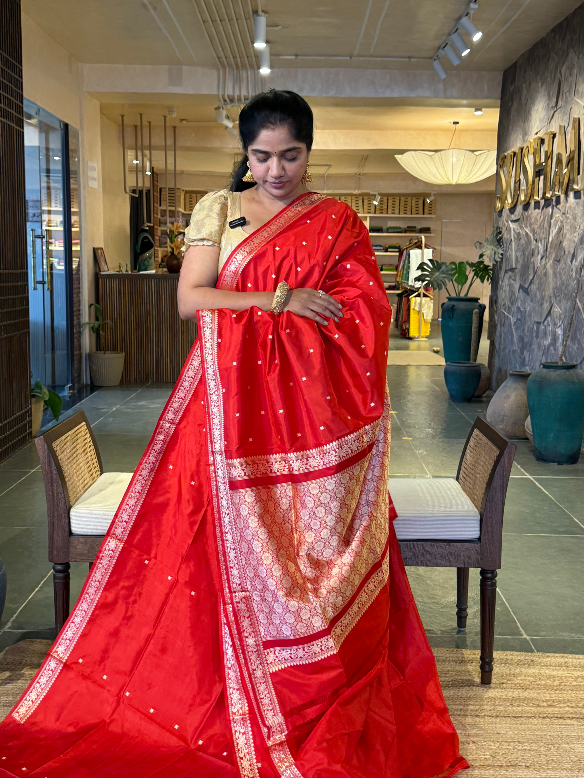 Orangish Red Banarasi Handloom Katan Silk Saree  With Resham Weaving