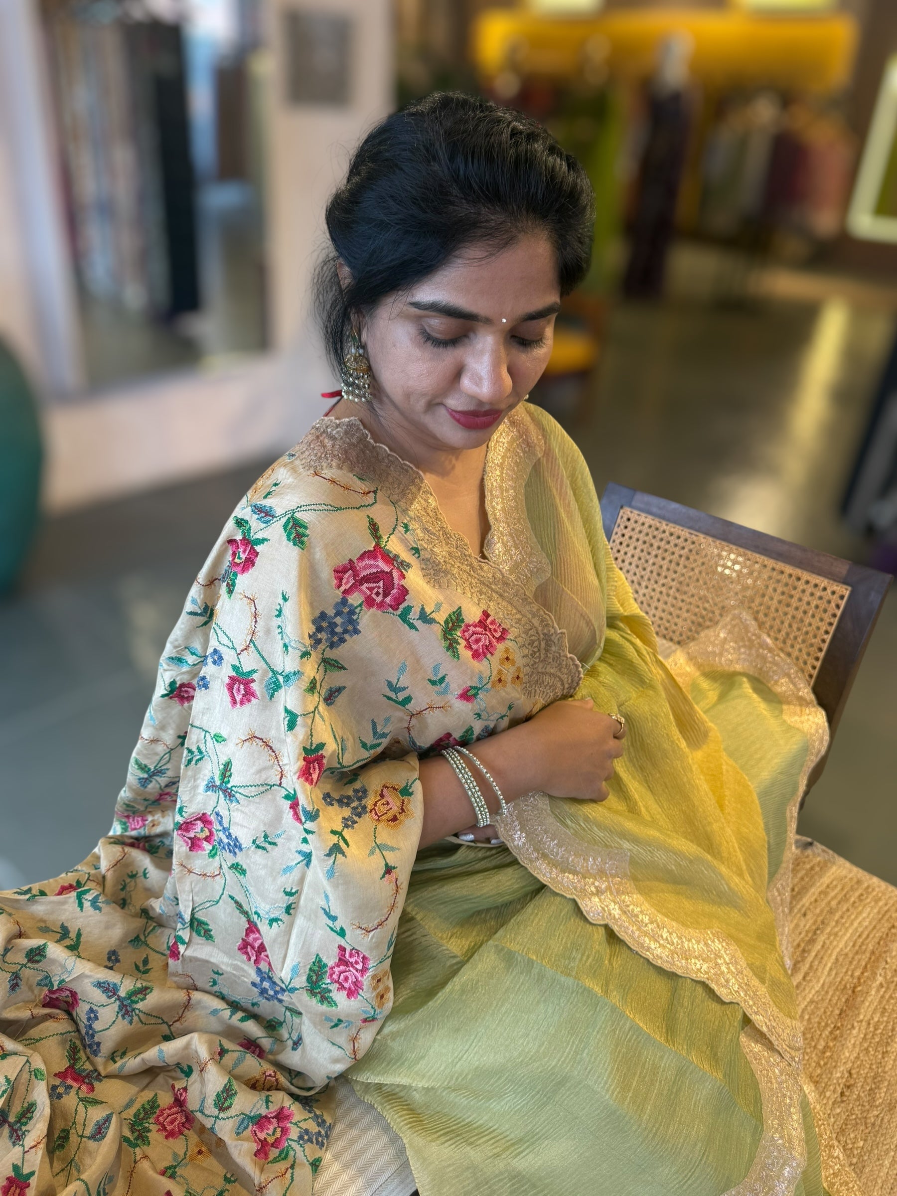 Ombre Dyed Crush Tissue Saree With Pitawork Border & Petite Point Embroidered BP