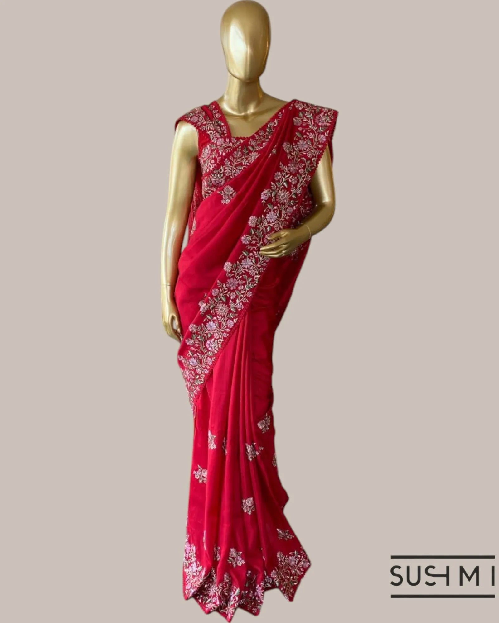 Ruby Red FallingTussar Saree with beautiful multi color embroidered border heml
