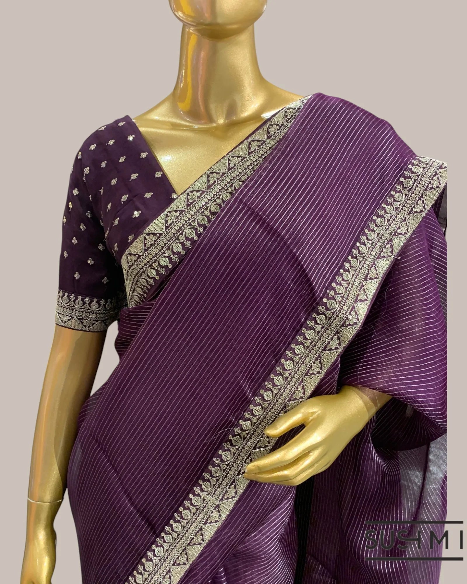 Wine Organza Saree with Zari stripes Hemlined with sabhyasachi border and blouse