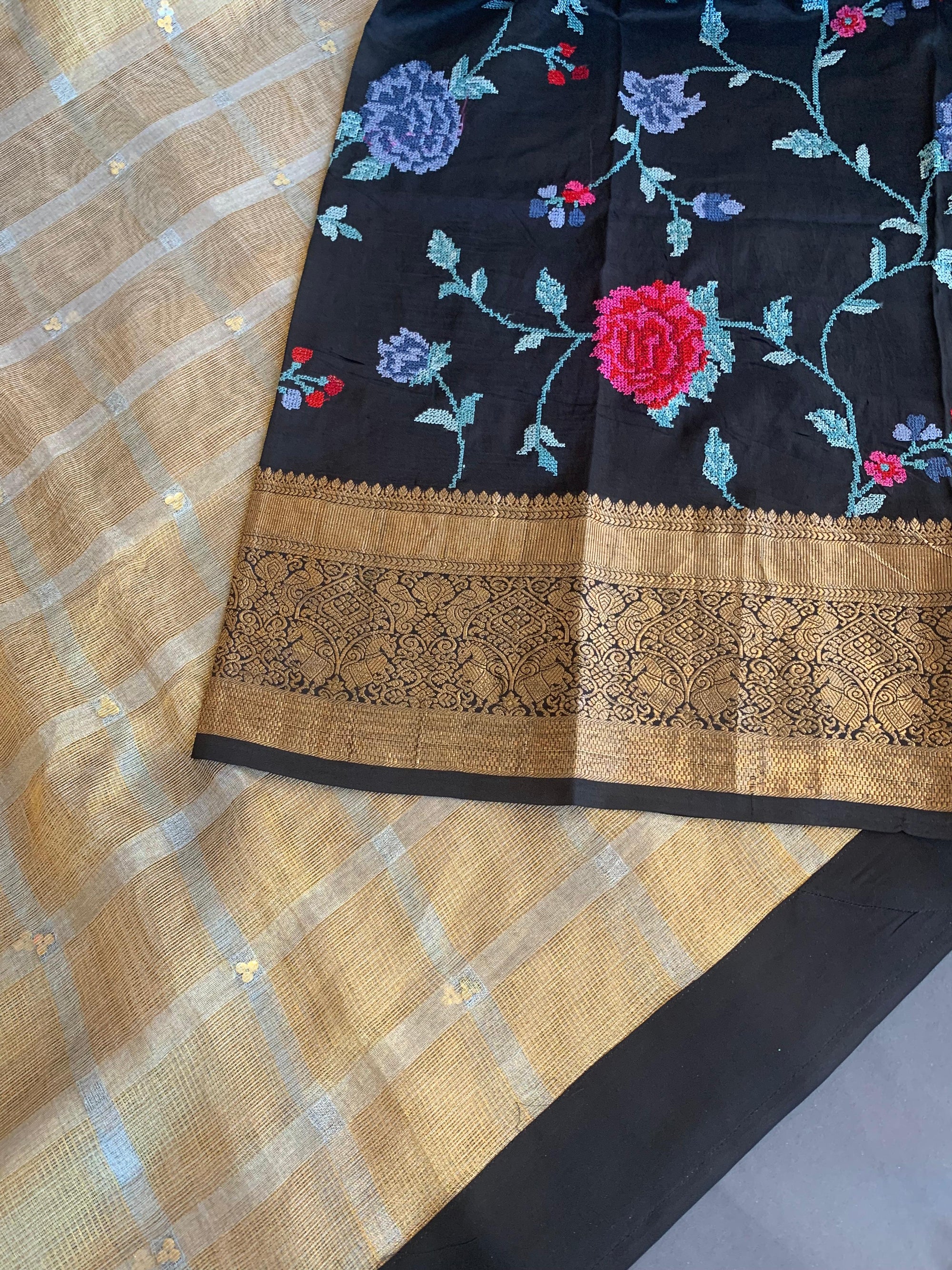 Designer Gold tissue saree with kanchi petite point work blouse