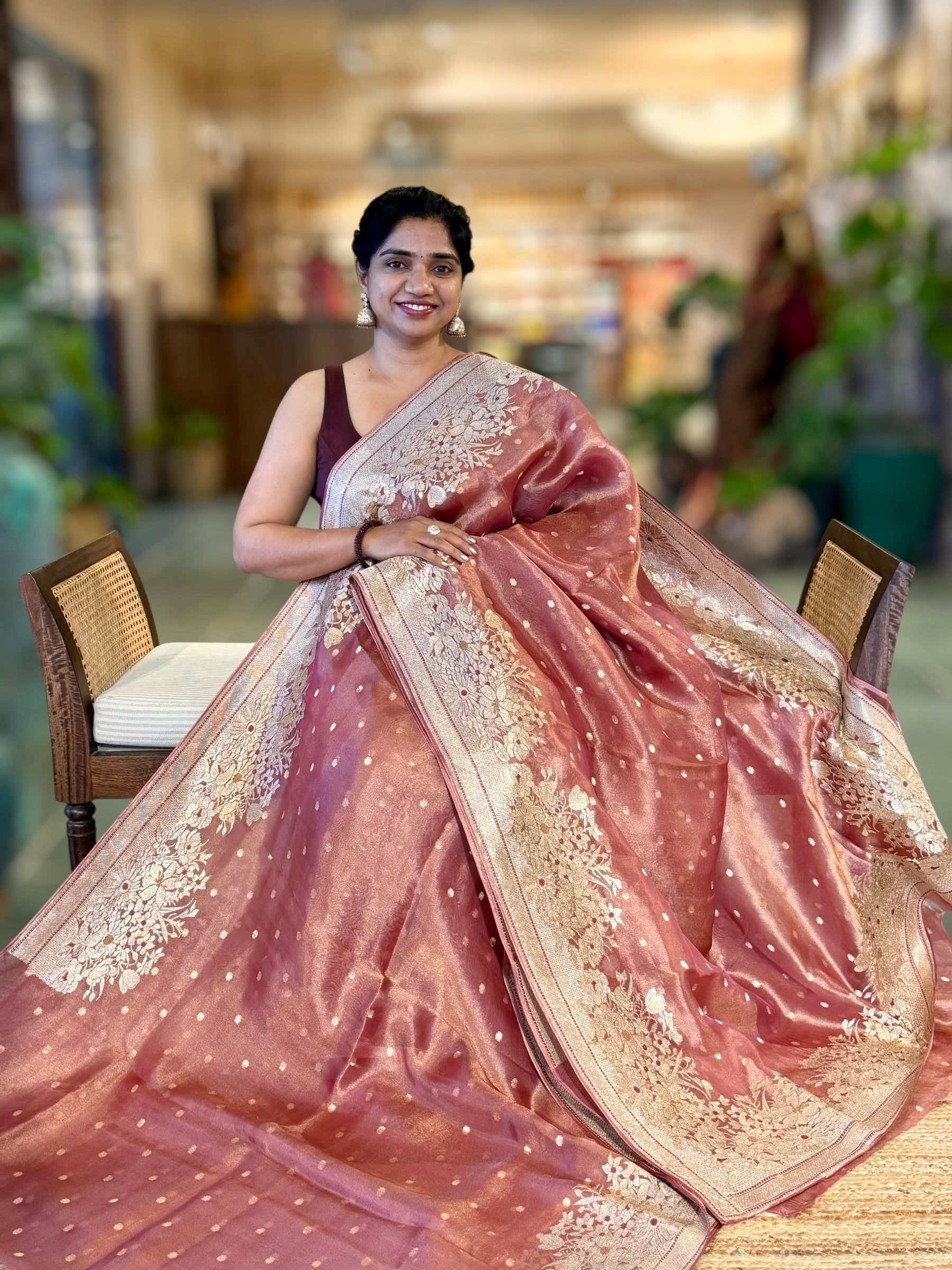 OnionPink Banarasi Tissue Saree With Tissue Embriodered Border & Stripes BP