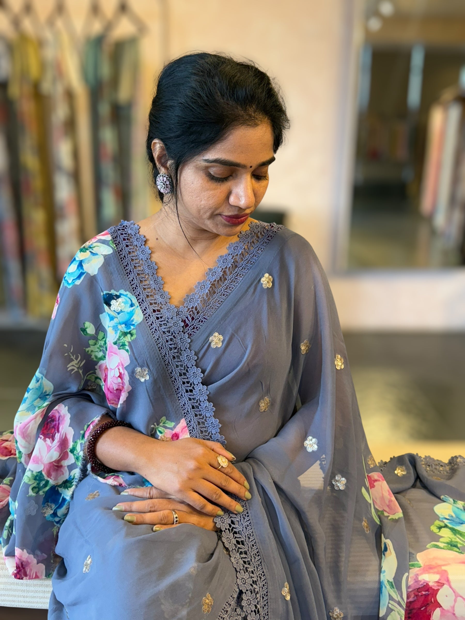 Greyish Blue Floral Gorgette Saree with Allover Sequence Floral