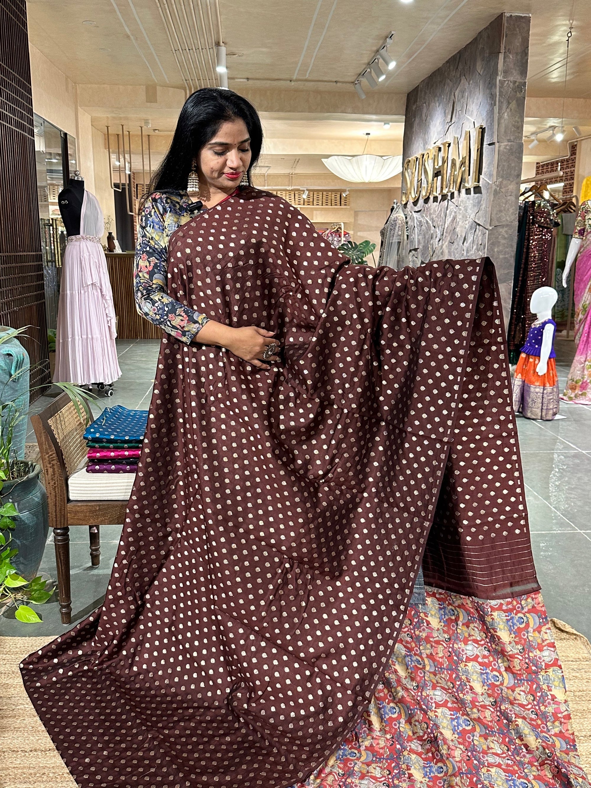 Banarasi chinia silk with krishna theme pallu-brown with burgundy