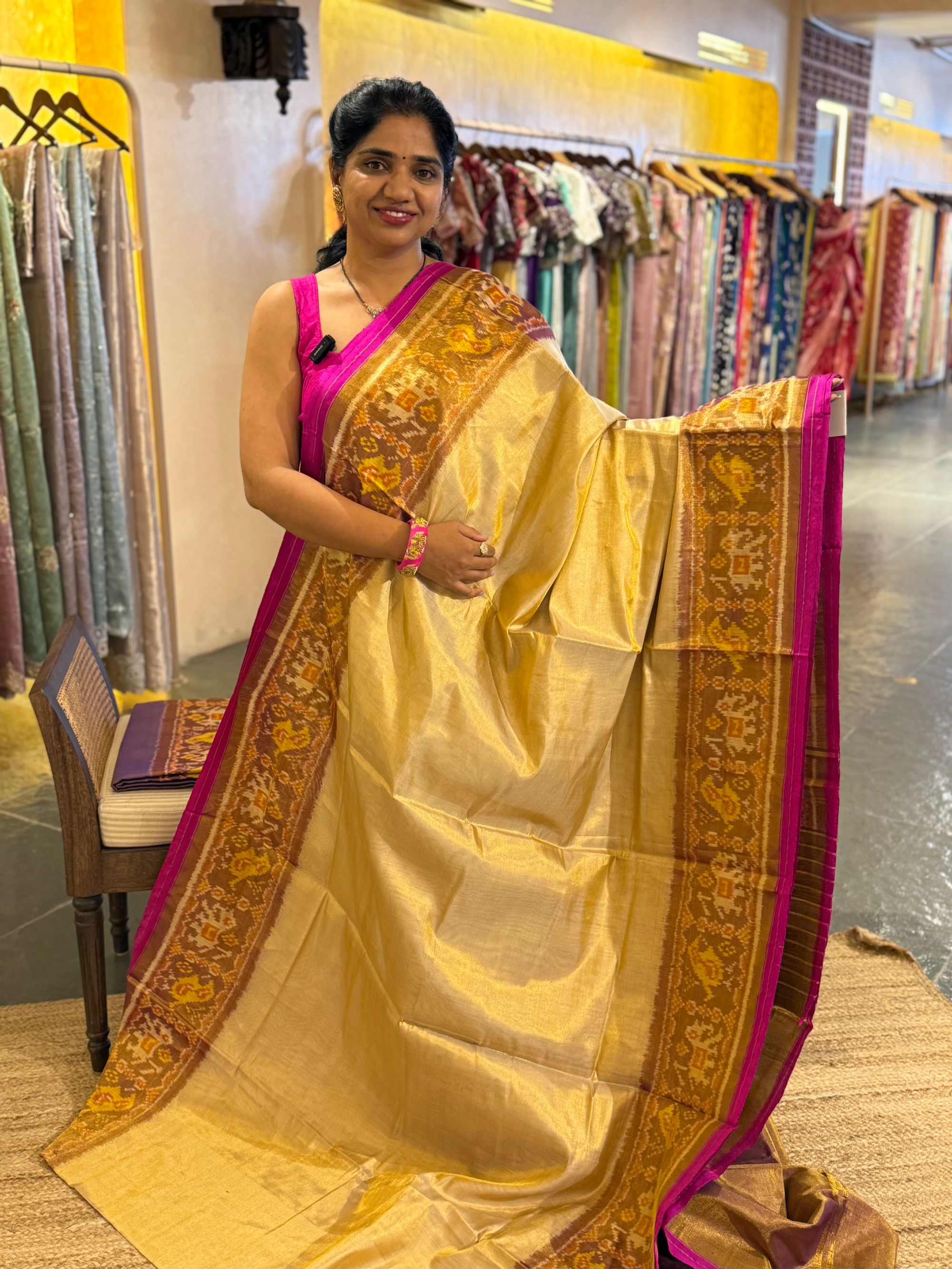 Beige Gold  Color Tissue Patan Patola Saree With Elephant and Parrot Borders