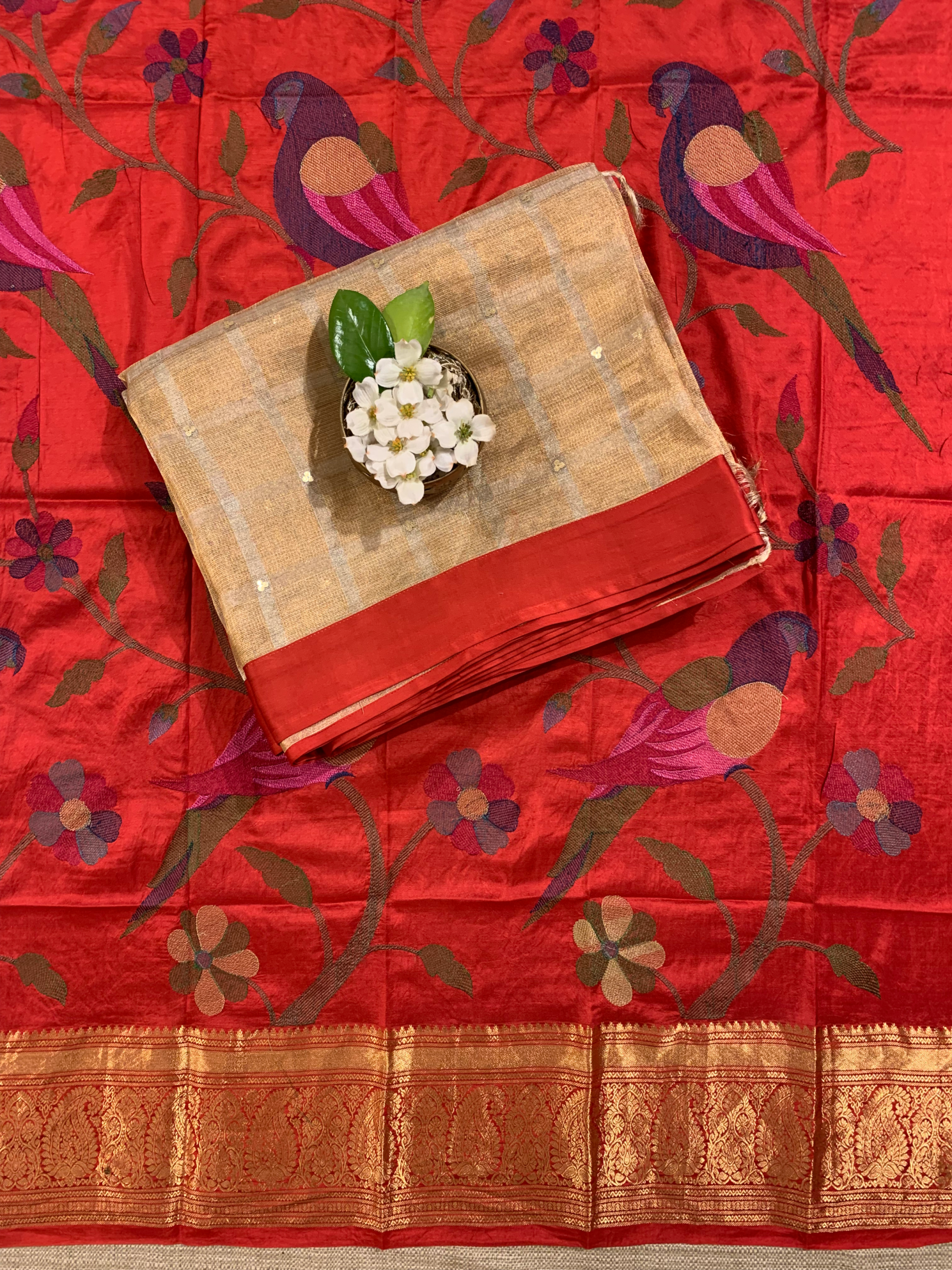 Gold tissue saree with kanchi  blouse with  allover pythani style embroidery