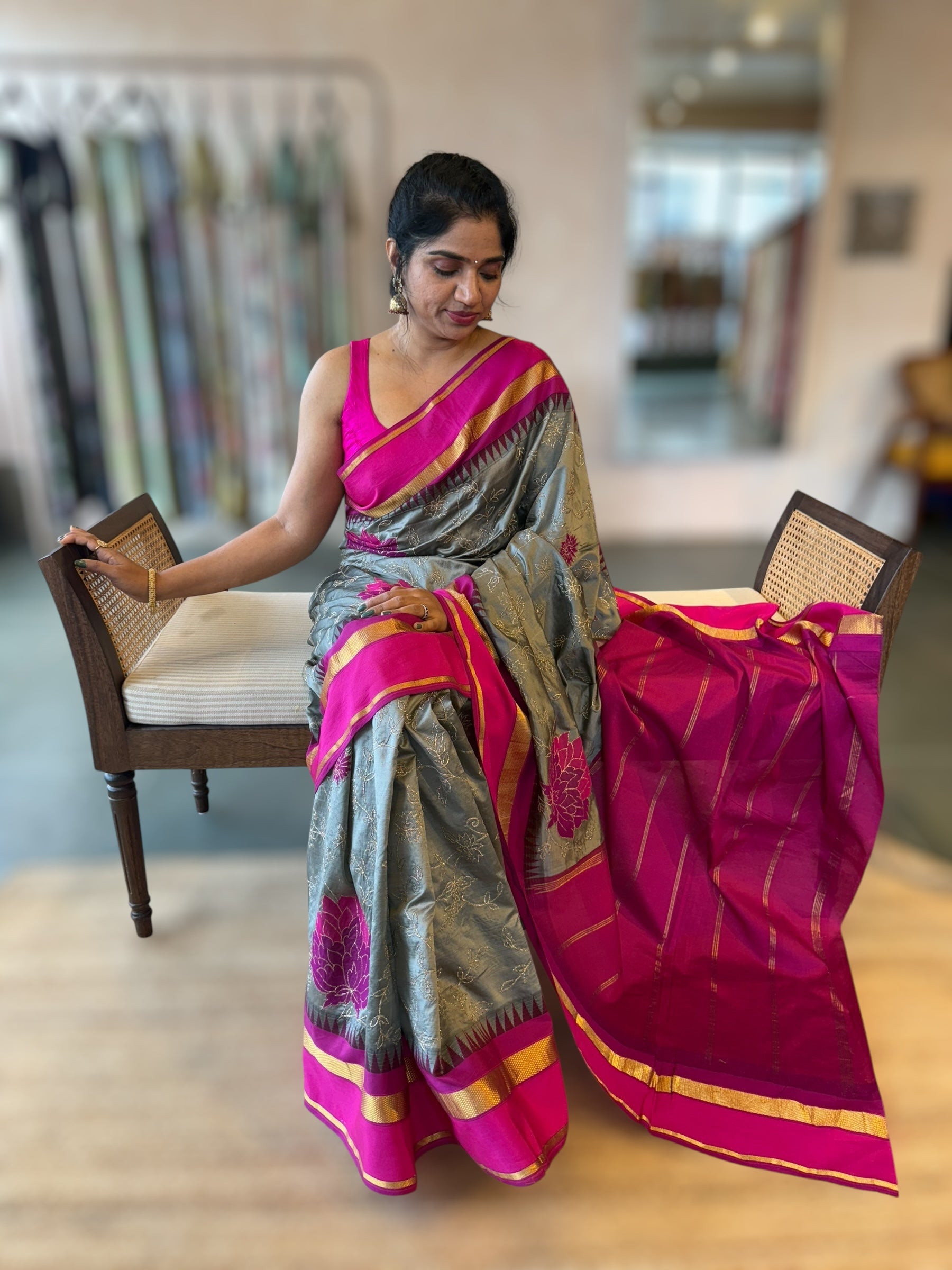 Silverish Grey Kanchi Silk Saree in With Allover Pita & Applique work