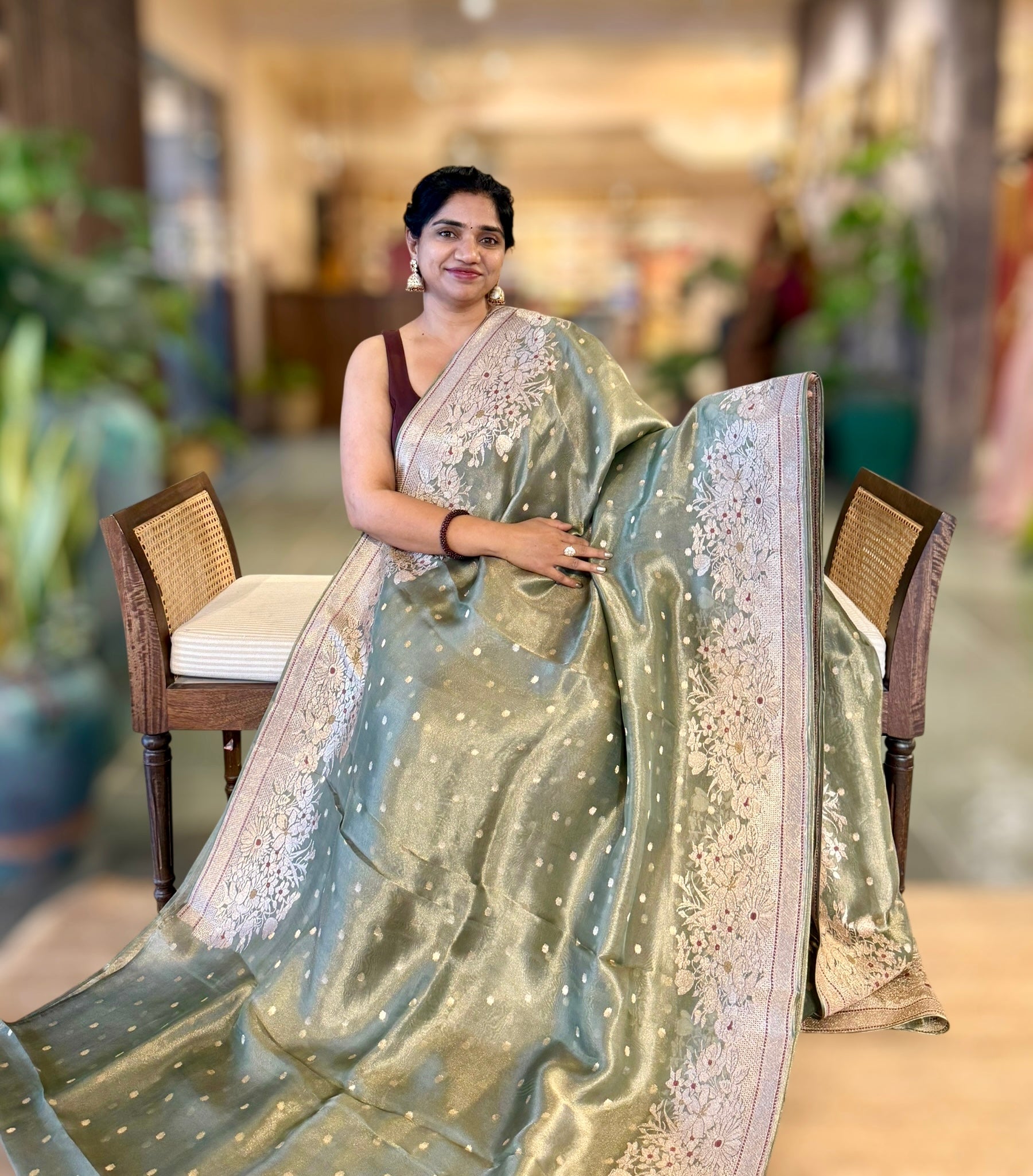 Green Banarasi Tissue Saree With Heavy Tissue Embriodered Border & Stripes BP