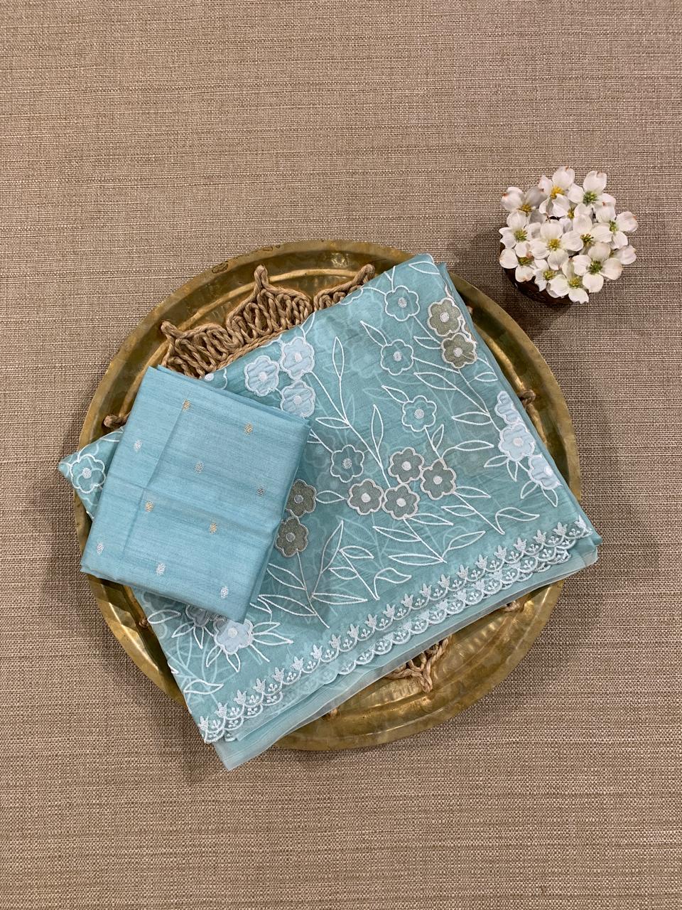 Baby Blue Organza Applique work Saree