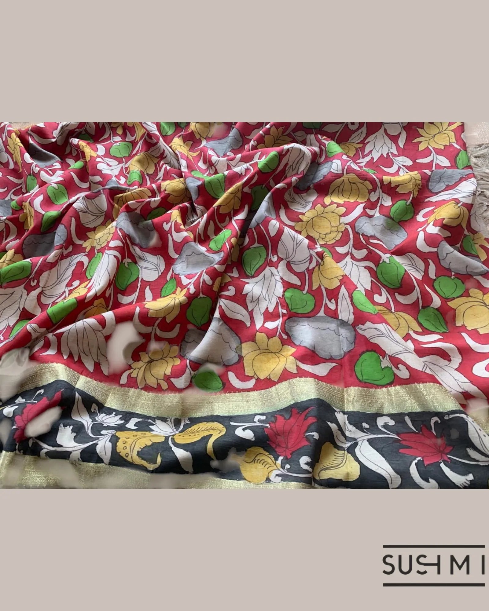 Red Kanchi Pen kalamkari handpainted saree with heavy borders