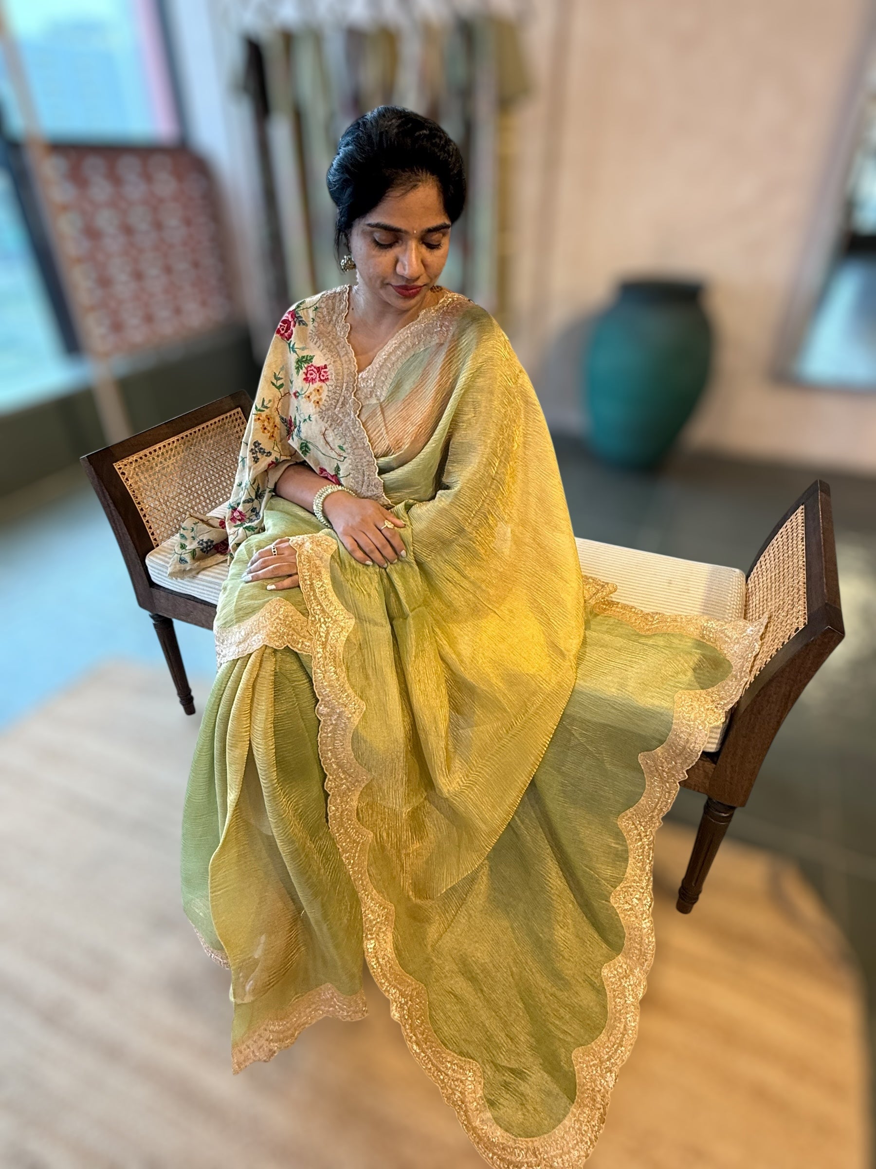 Ombre Dyed Crush Tissue Saree With Pitawork Border & Petite Point Embroidered BP