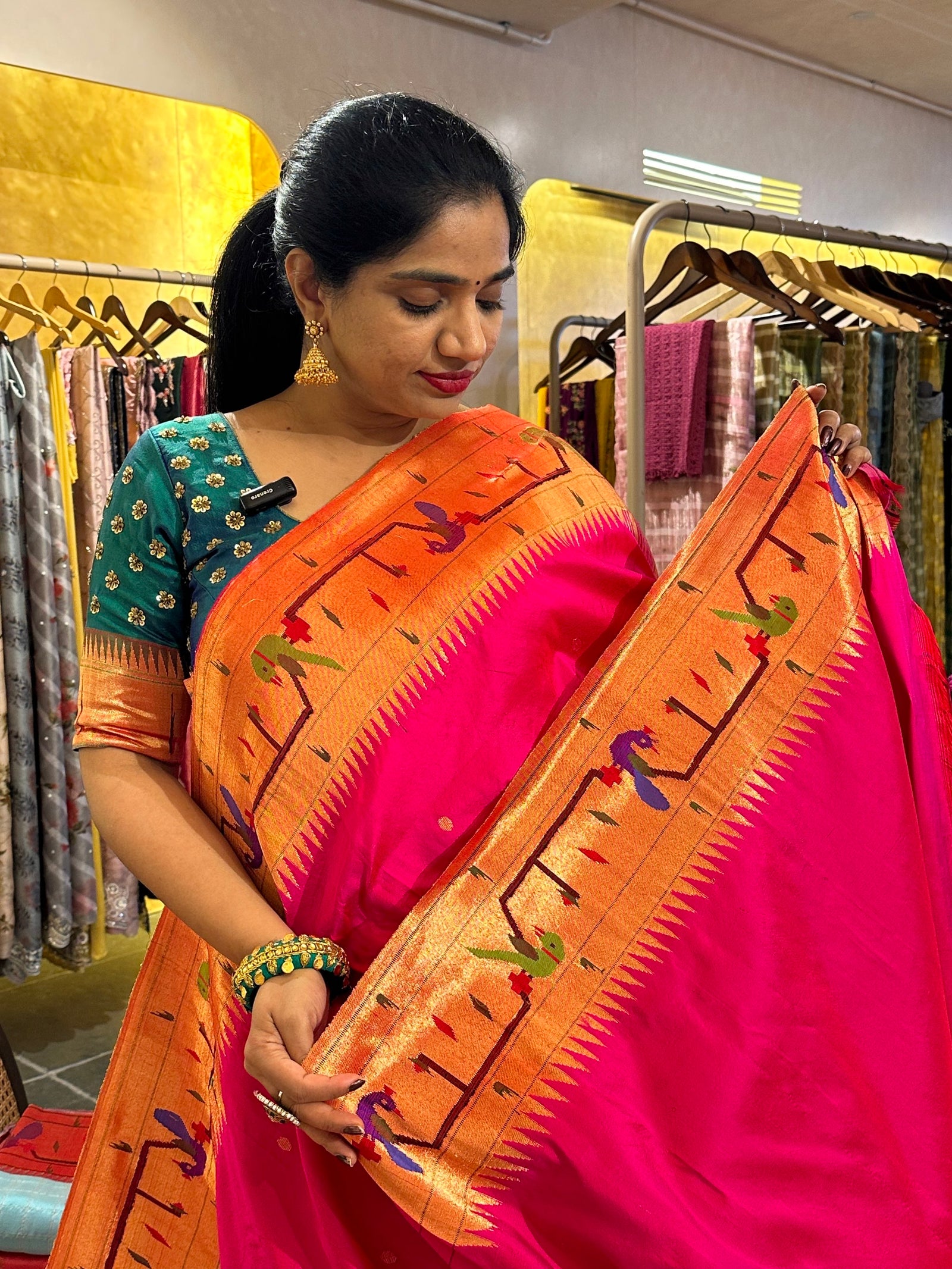 Rani Pink Pure Pythani saree with parrot peacock border