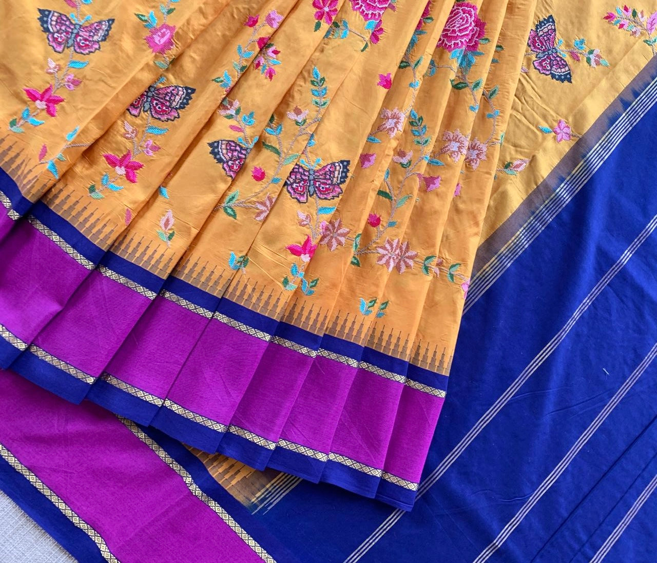 Kanchi Gap Border Saree With Allover Petite Point Embroidery
