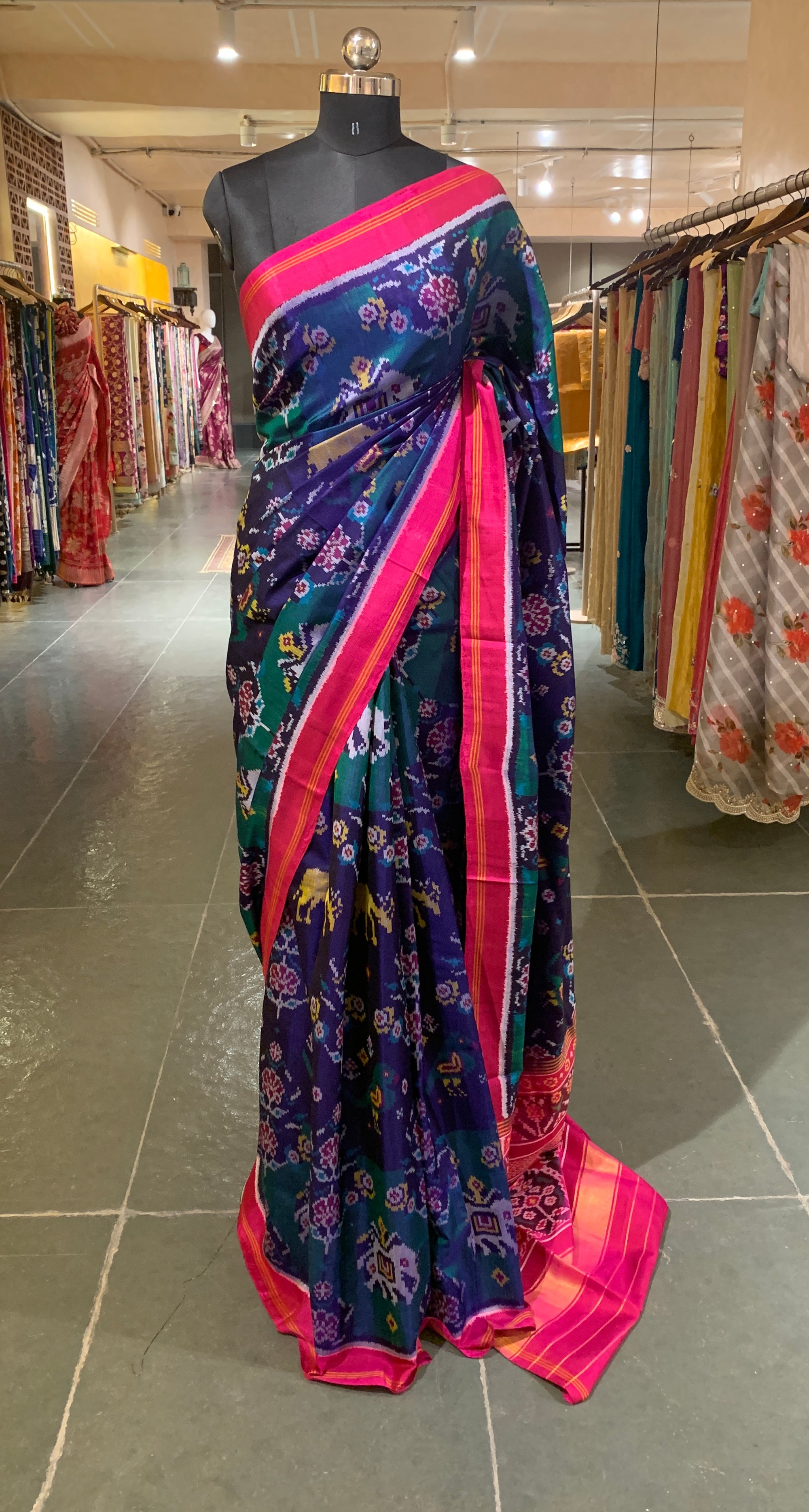 Navy Blue and Peacock Combo Pure Patan Patola Saree