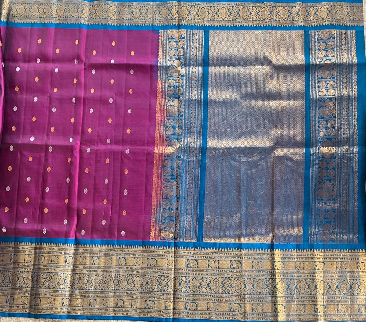 SGSA208 Wine and Peacock Blue Combo Gadwal Handloom Pure Silk Saree