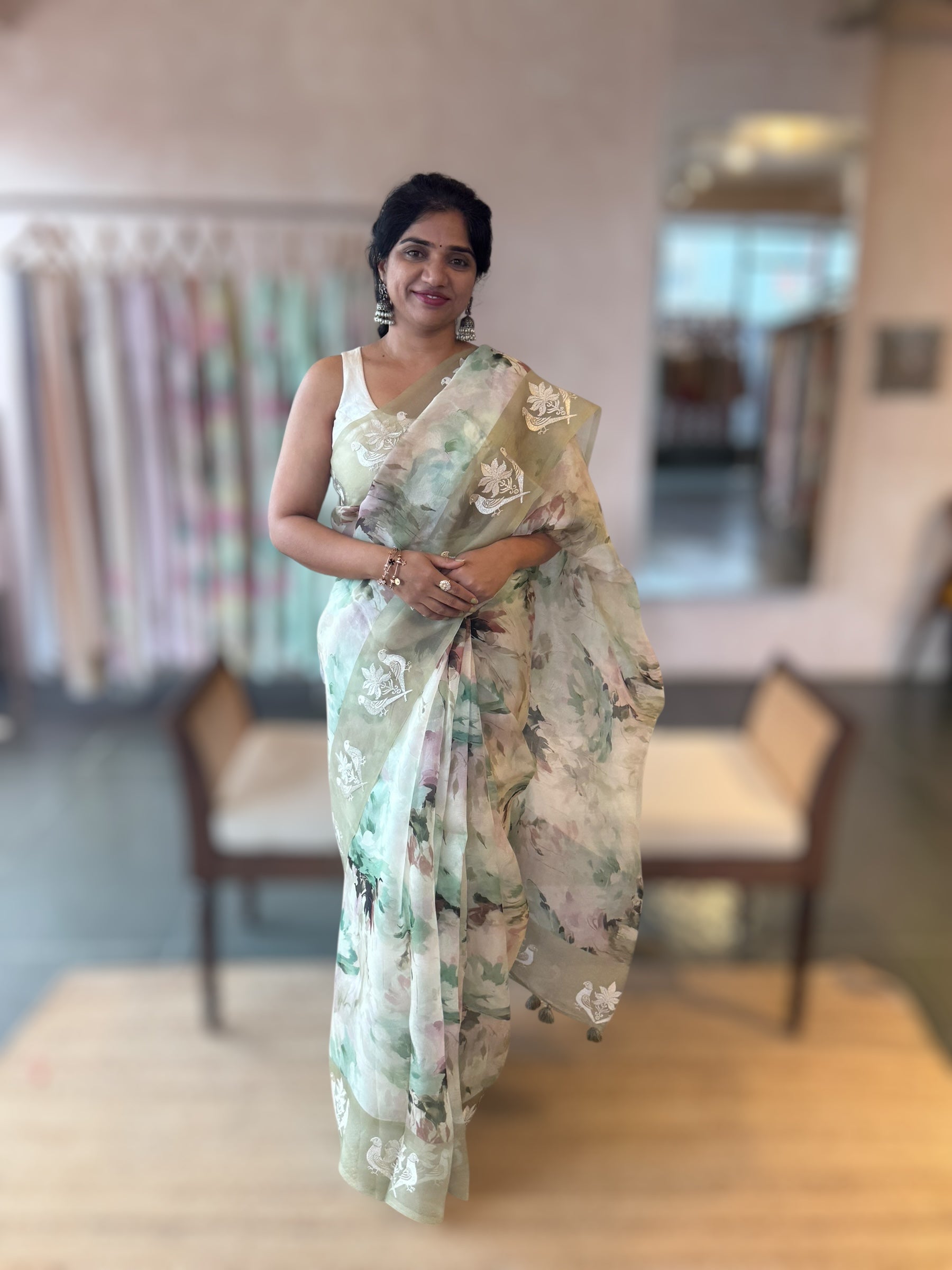 Olive Floral Printed Pure Organza Saree With Birds  Embroidered Motif  Border