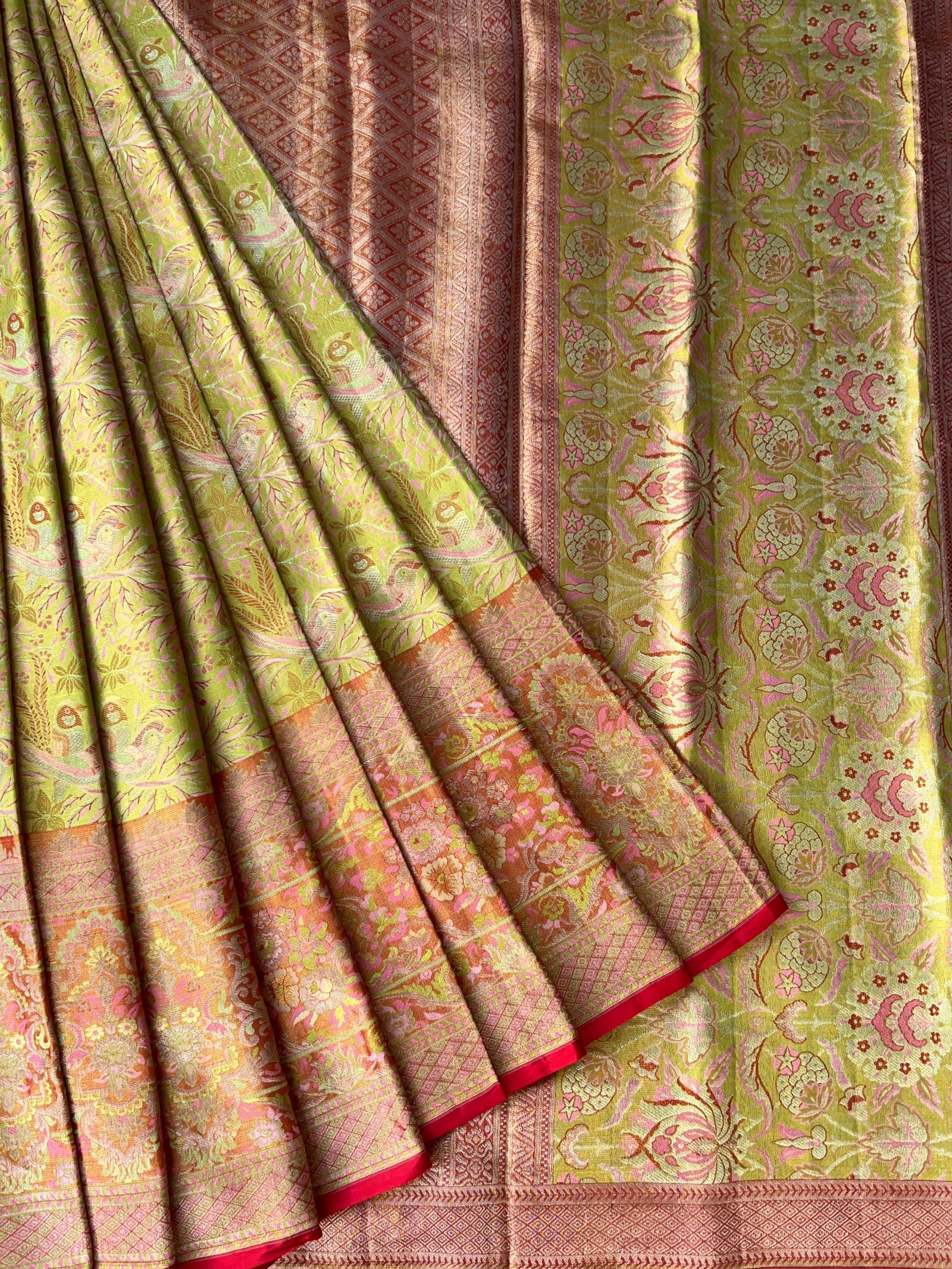 Lime Green & Red Combo Pure Kanjeevaram Meenakari Saree