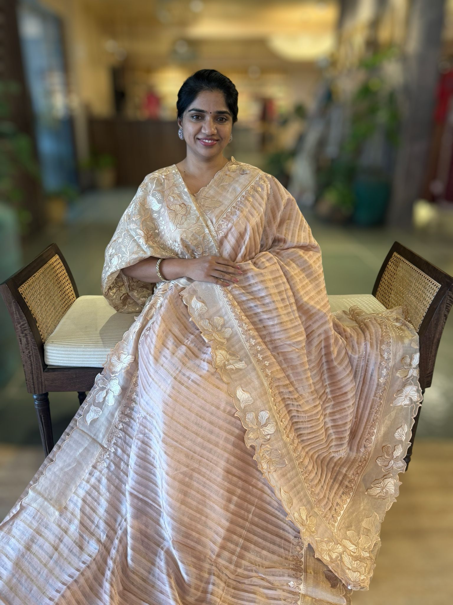 Nude pink Mul Tissue Stripes Saree With Tissue Cutwork  Border & Blouse