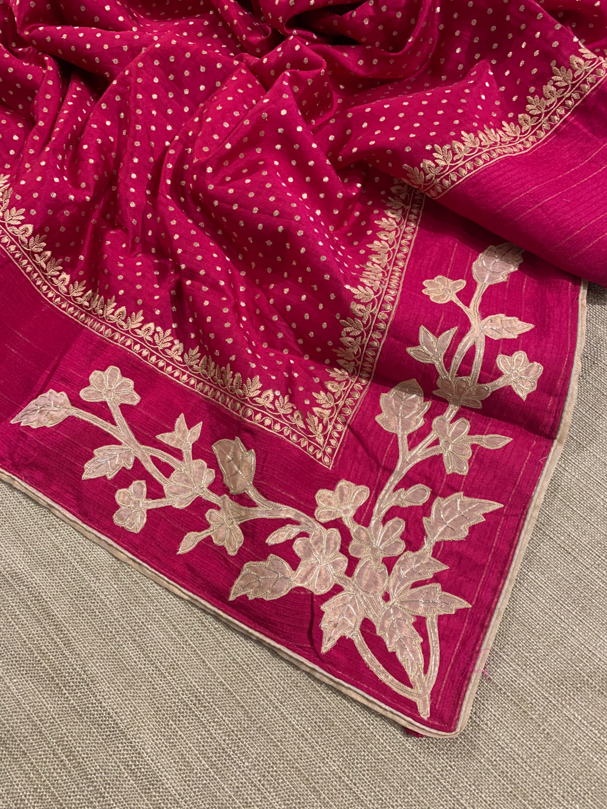 Dark Pink Chiniya Silk Saree with Embroidery Border & Applique Creeper Pallu