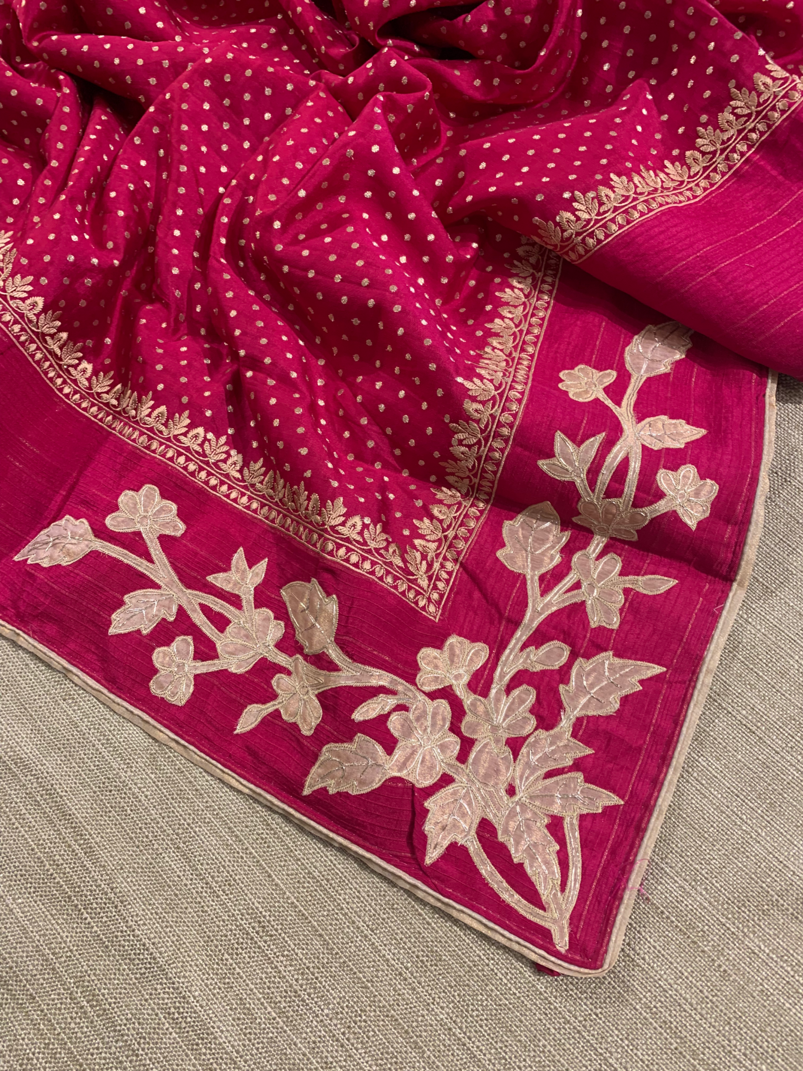 Dark Pink Chiniya Silk Saree with Embroidery Border & Applique Creeper Pallu