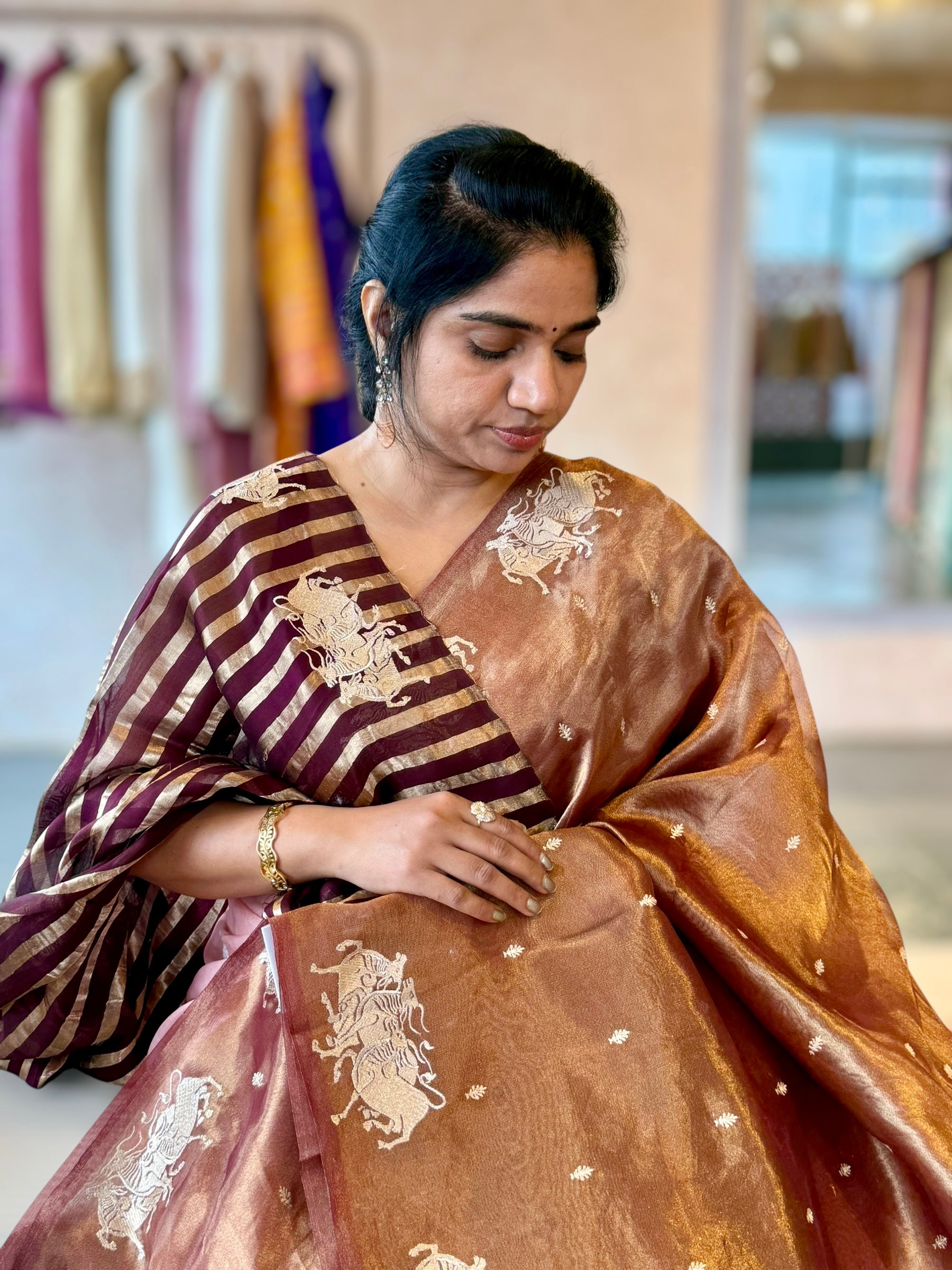 Honey Handloom Tissue Saree wth Nandi Embroidered Border & Stripes Tissue BP