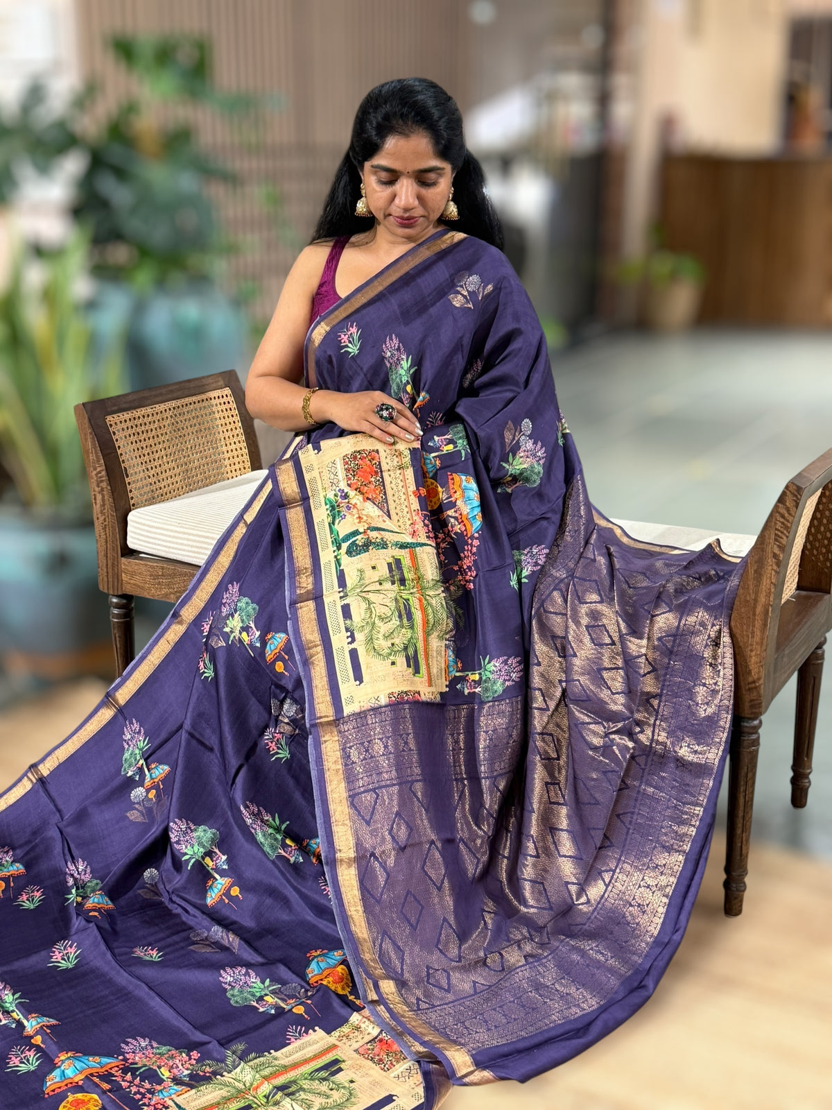 Brinjal Kanchi Soft Silk with beautiful Floral Print