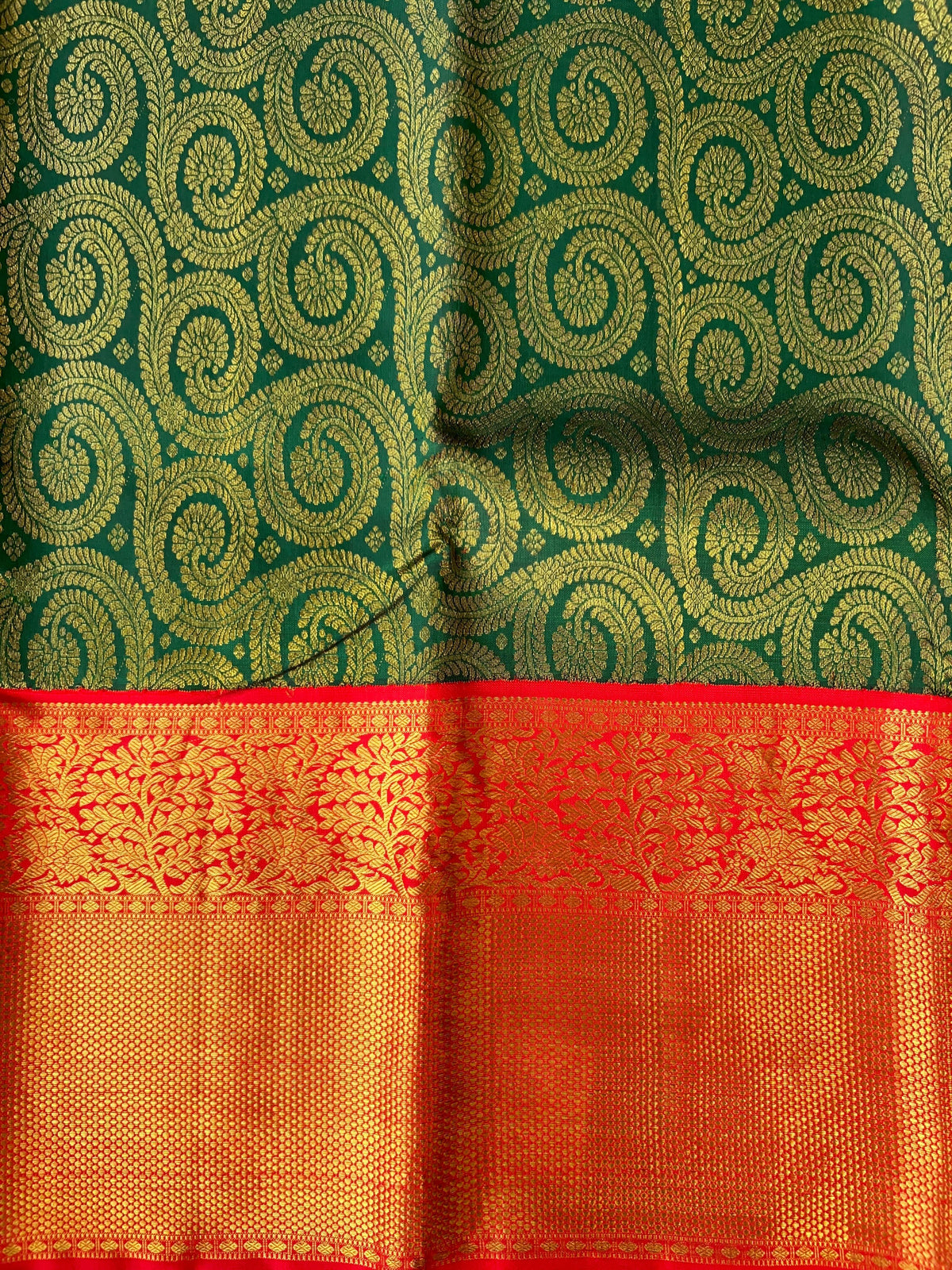 Pure Kanchi Pattu Brocade Saree - Green & Reddish Orange