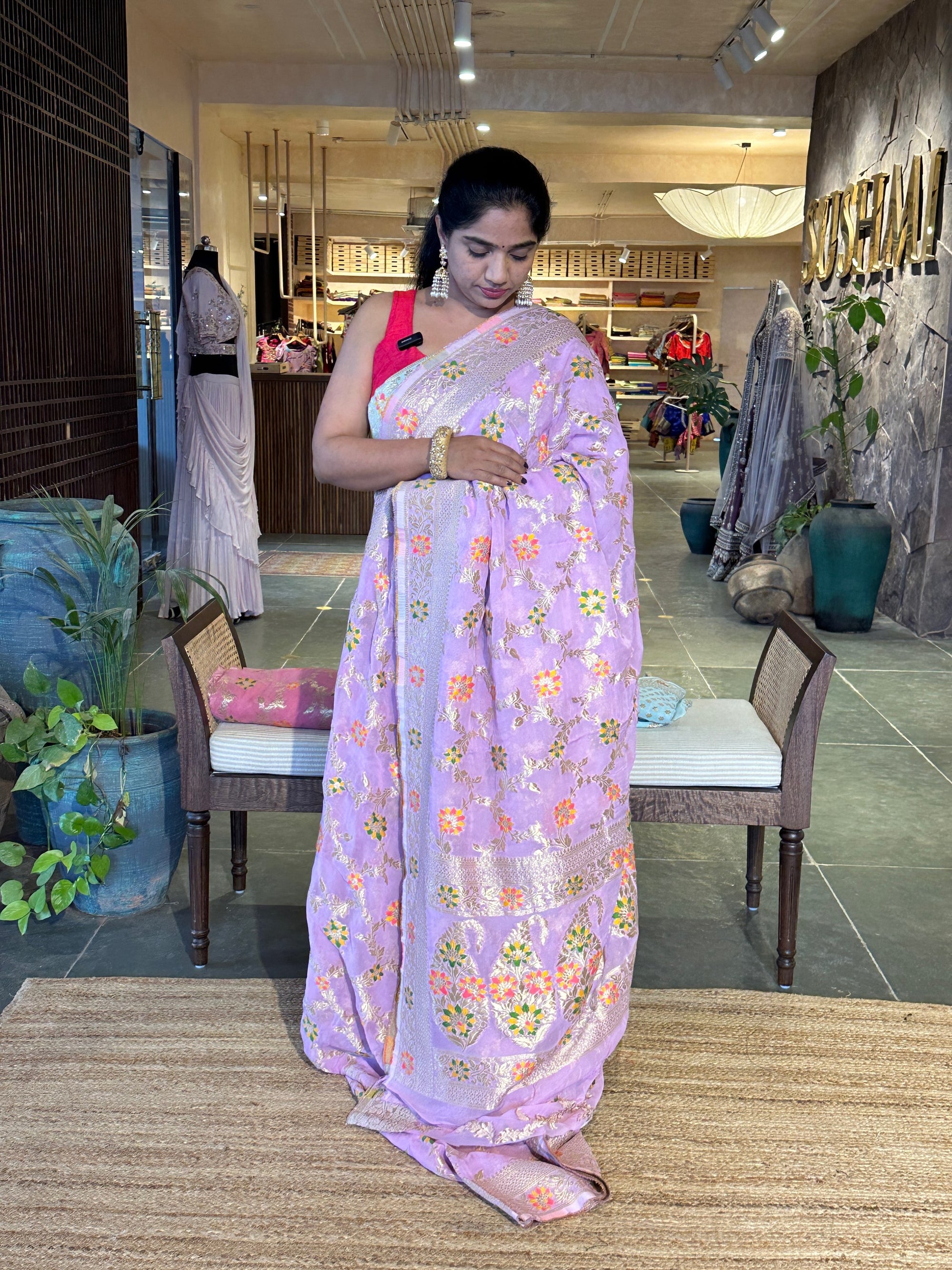 Lilac Banarasi Gorgette with Meenakari
