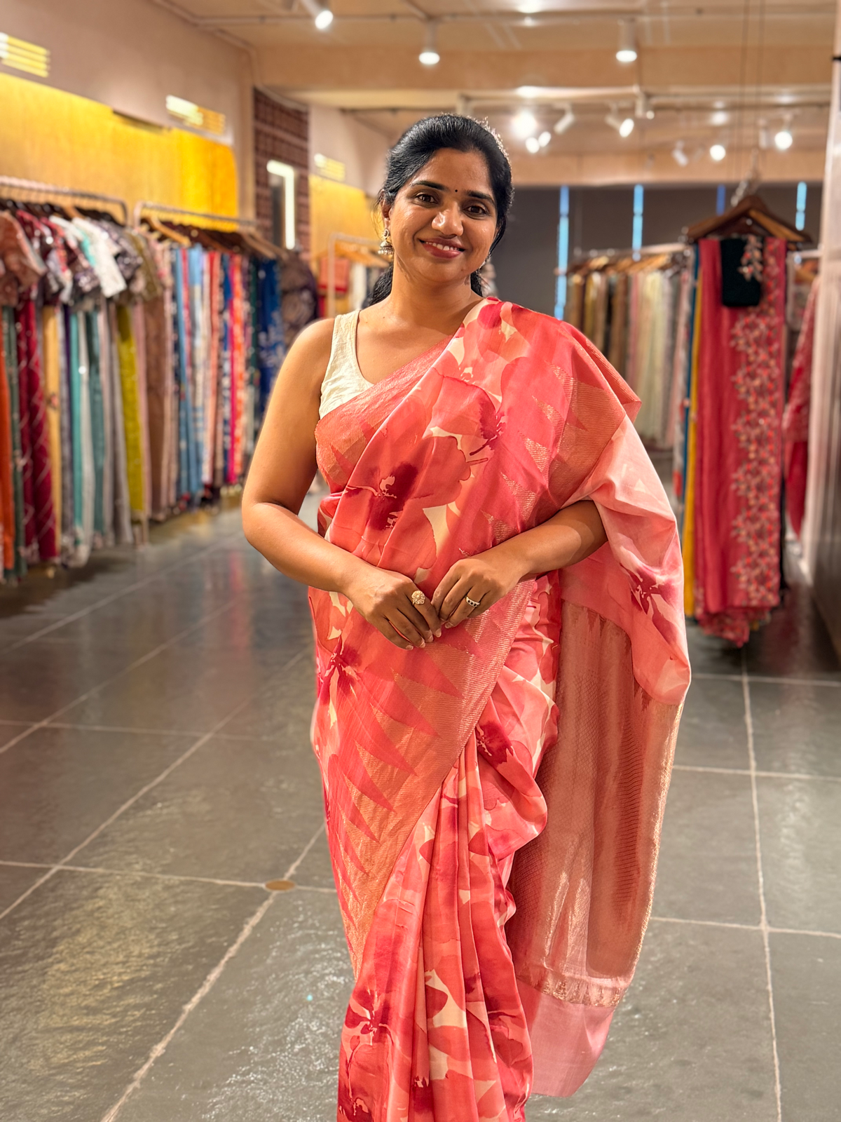 Coral Peach Pink Printed Kanchi Silk soft drape Saree with temple borders b