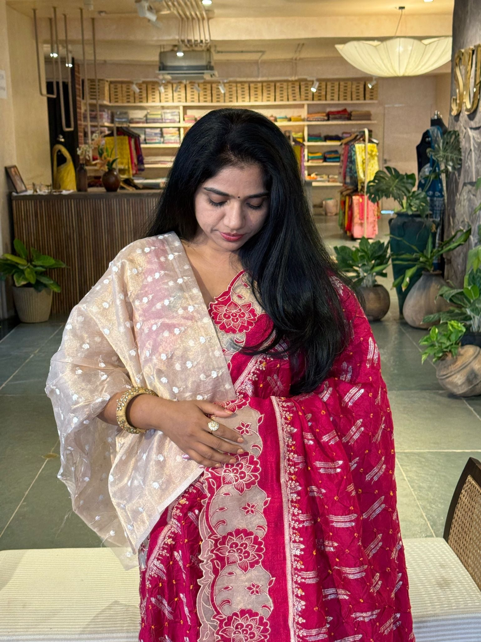Banarasi Handloom Chiniya Silk Bandhini with Tissue Applique
