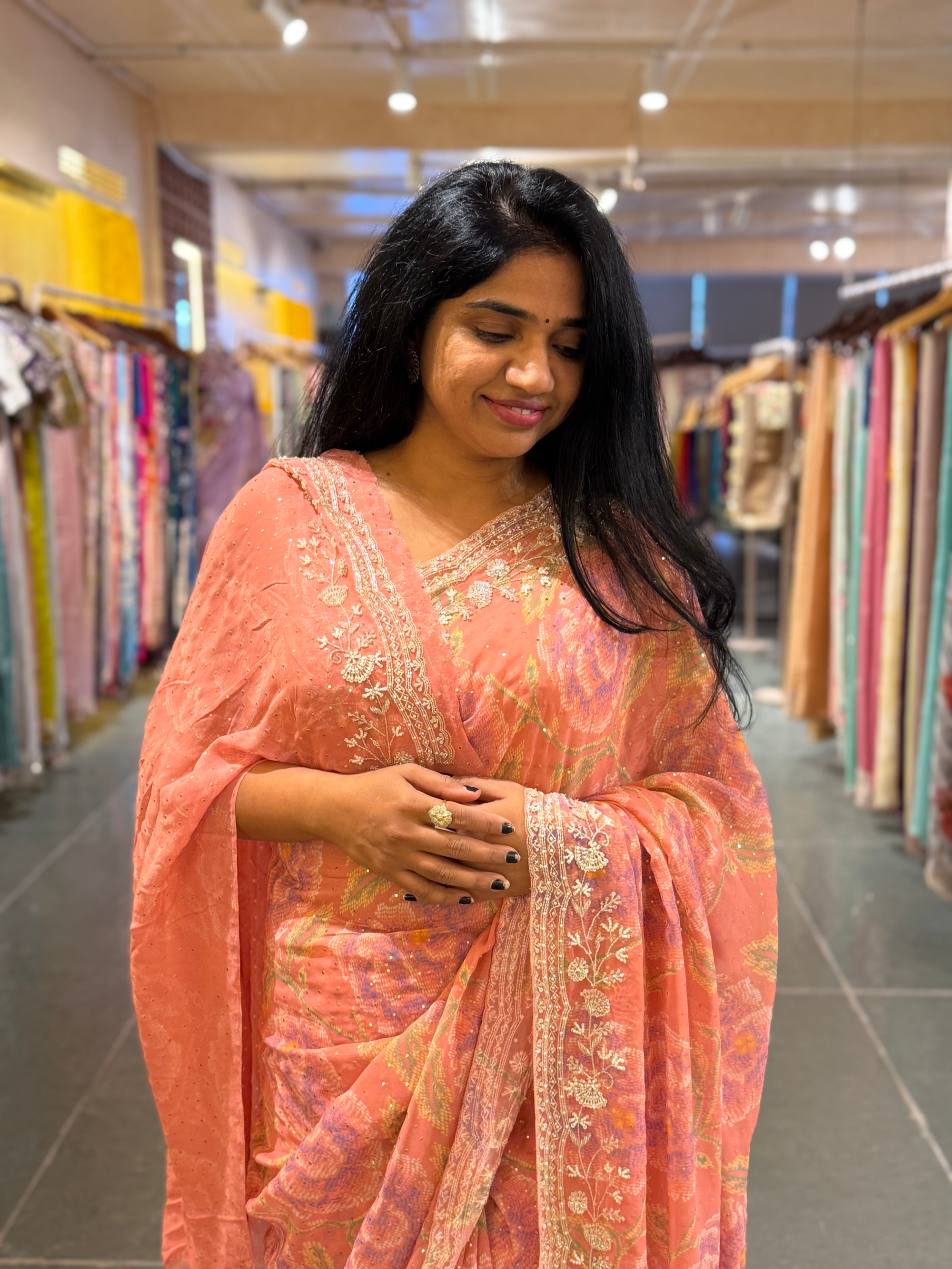 Peach Pink Pure gorgette printed Saree with handwork