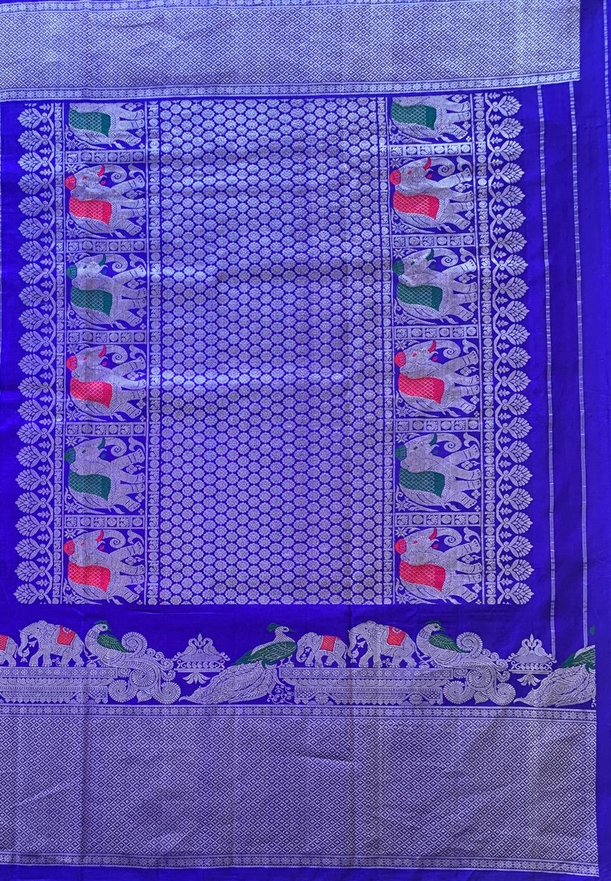 Royal Blue Pure Handloom Gadwal Saree Turning Borders