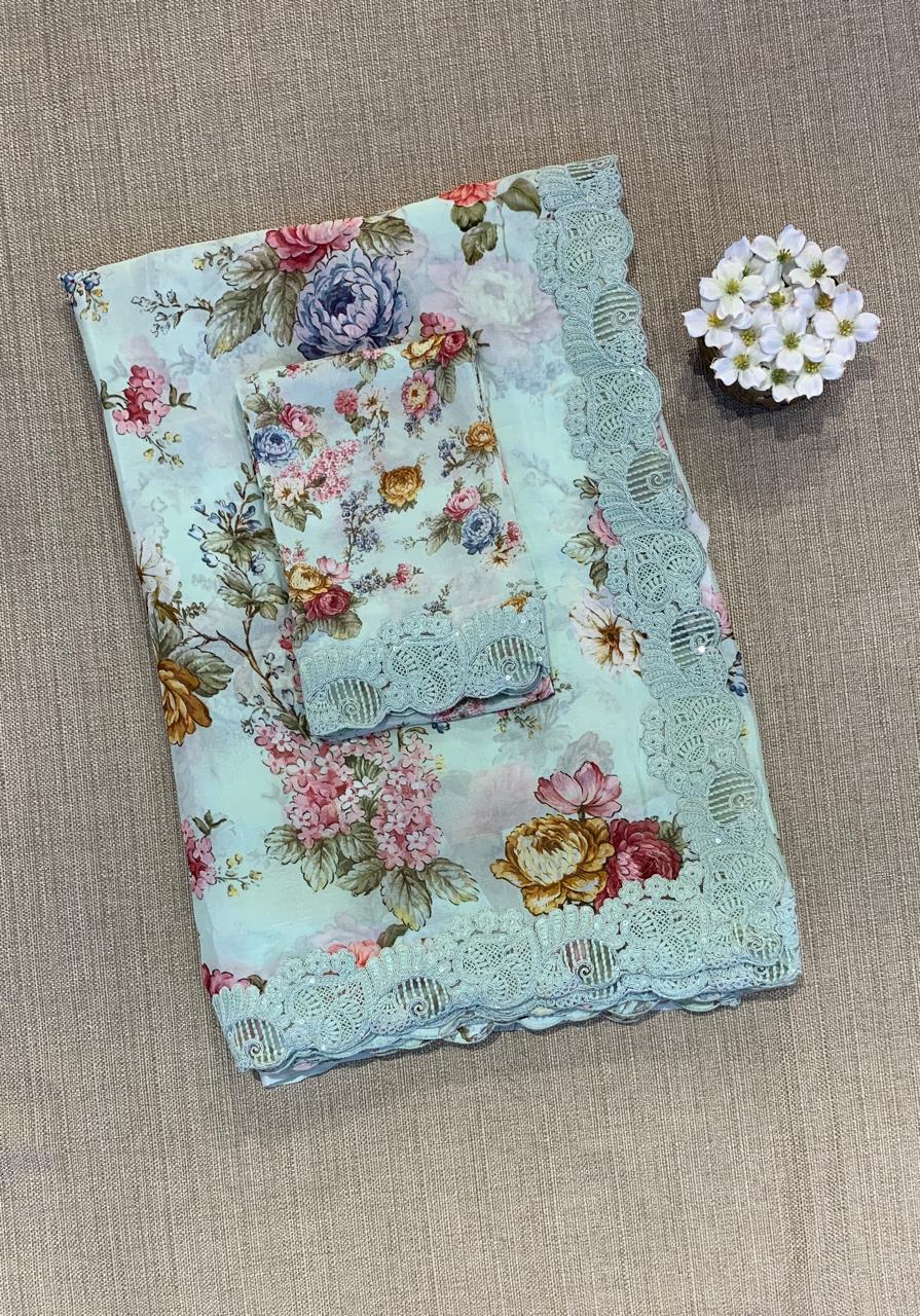 Mint Green  Crepe Silk Gorgette Floral Printed Saree with Cutwork Border