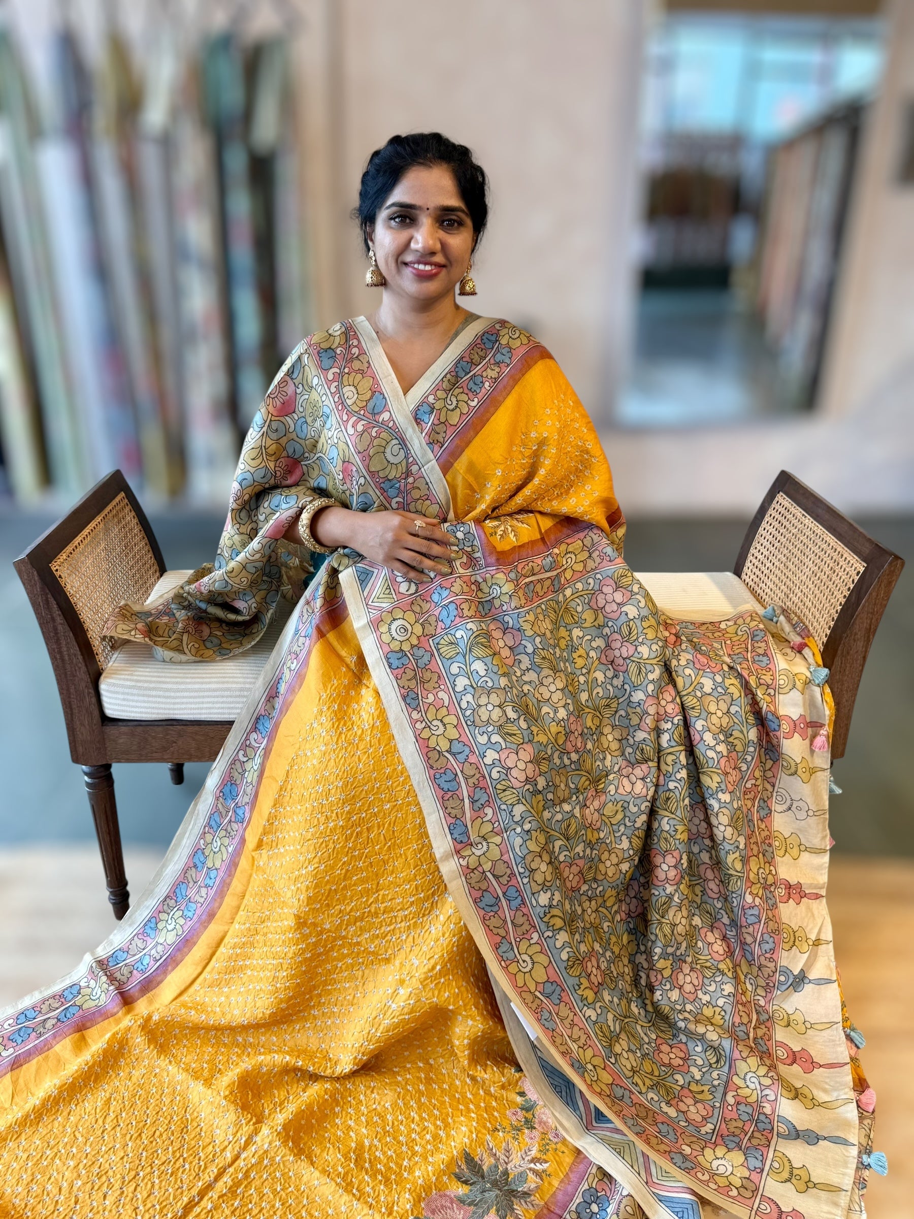 Yellow Tussar Bandhini Saree With Pen kalamkari Border & Petite Point Emb Blouse