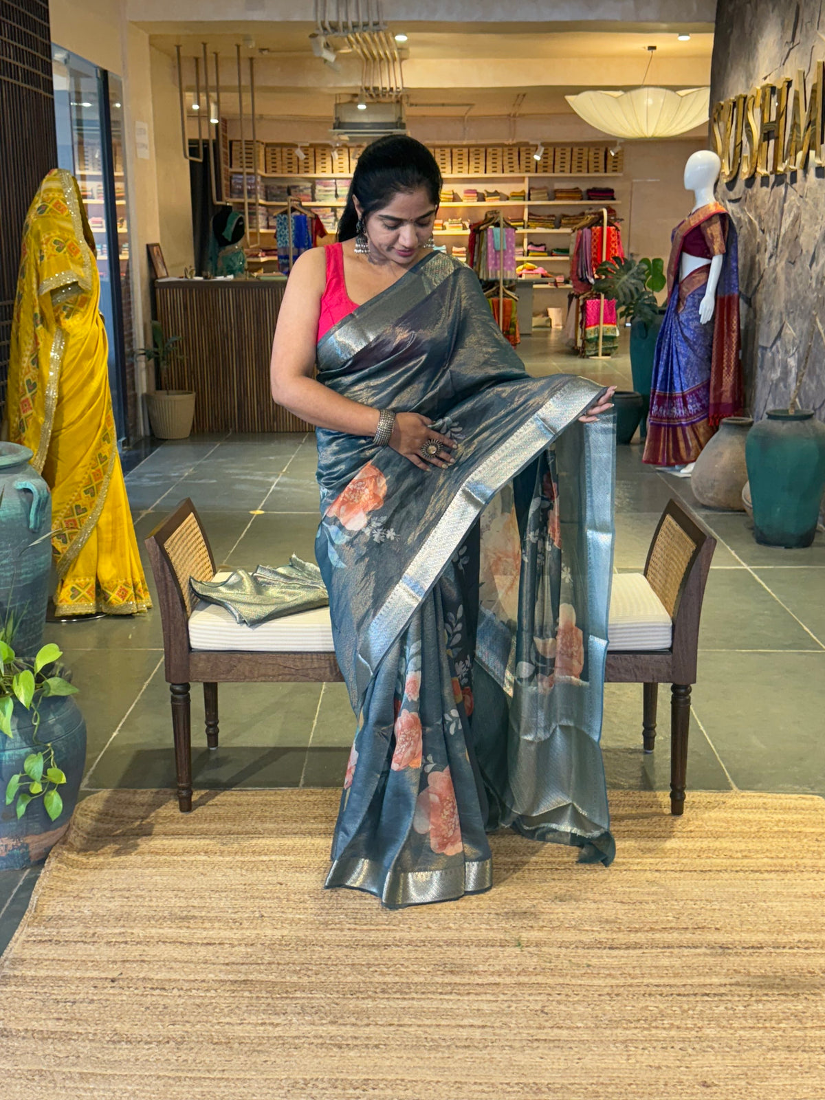 Banarasi Floral Printed Cotton Tissue Saree with brocade pallu and blouse