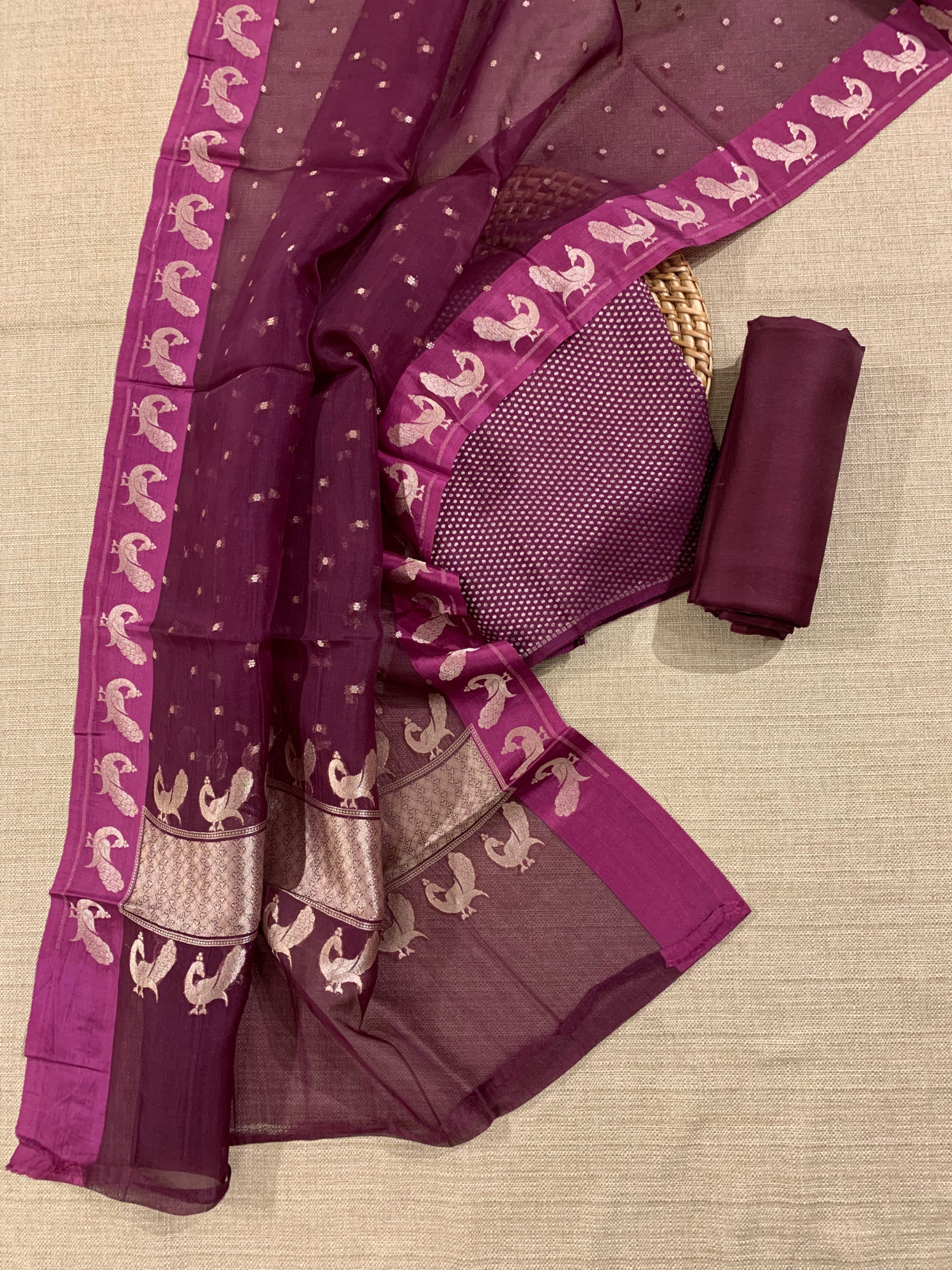 Wine Pure Handloom Banarasi Moonga Crepe Silk 3-pc Unstitched Suit Set