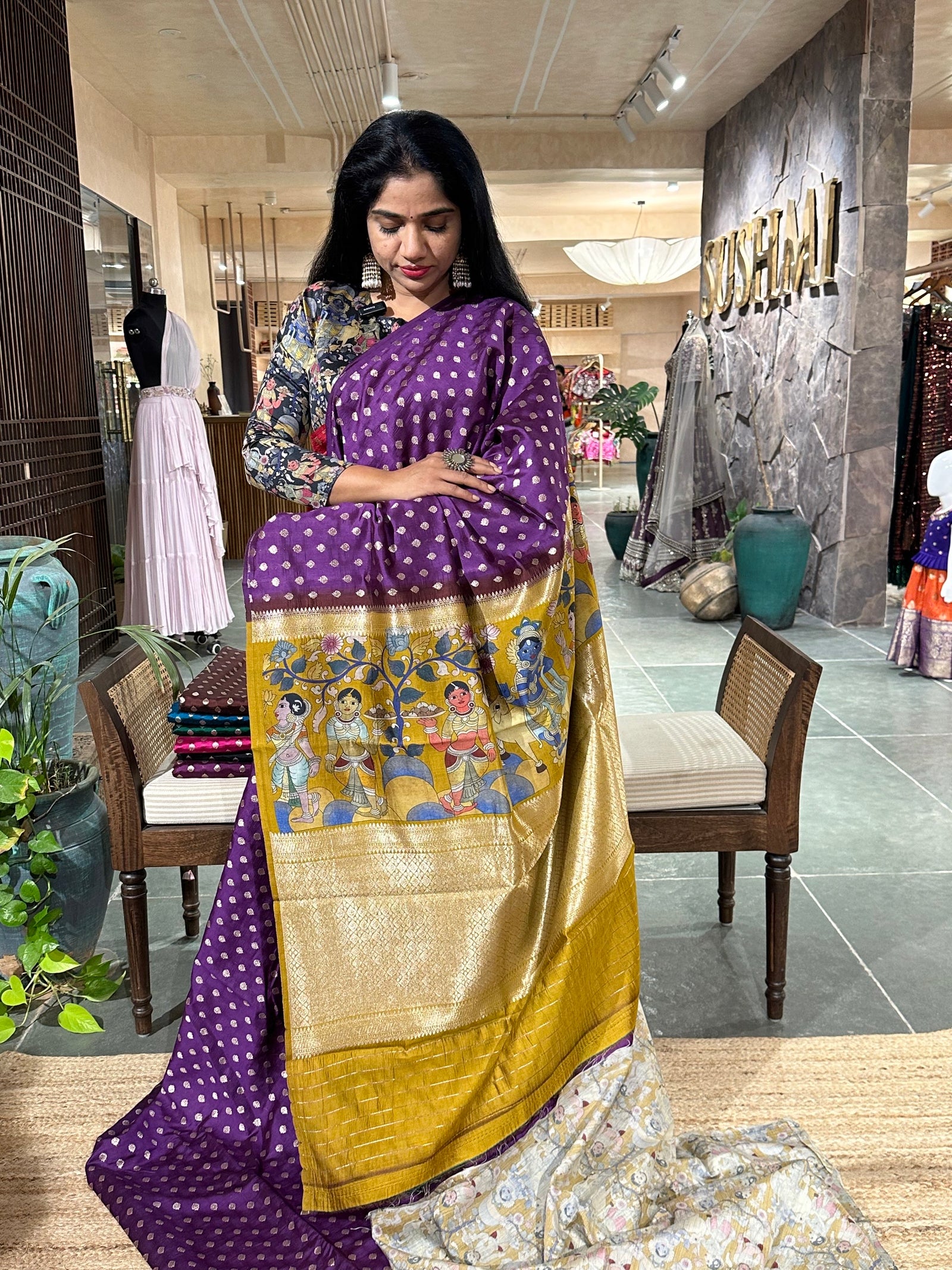 Banarasi chinia silk with krishna theme pallu-purple and mustard combo