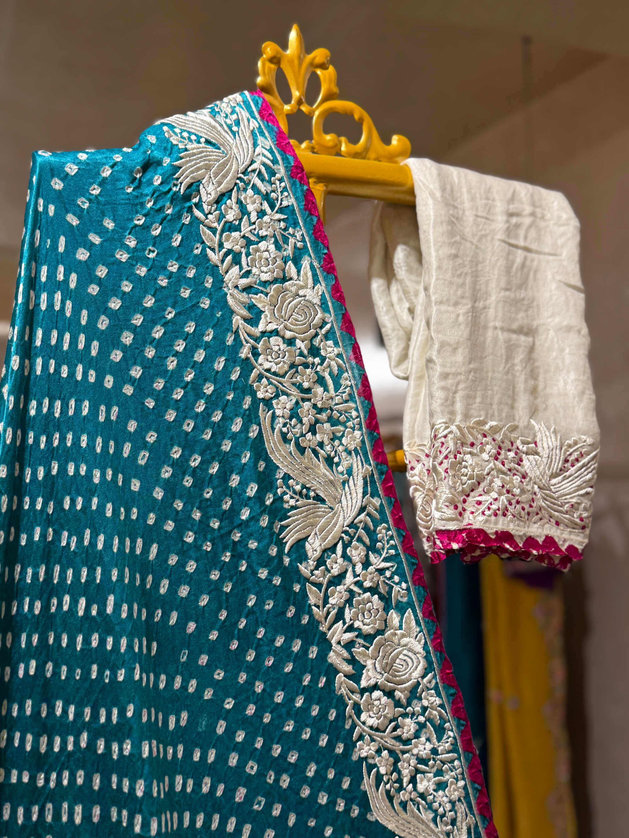 Peacock Blue Pure Gajji Silk Kutch Bandhej Saree with Parsi Gara Embroidery