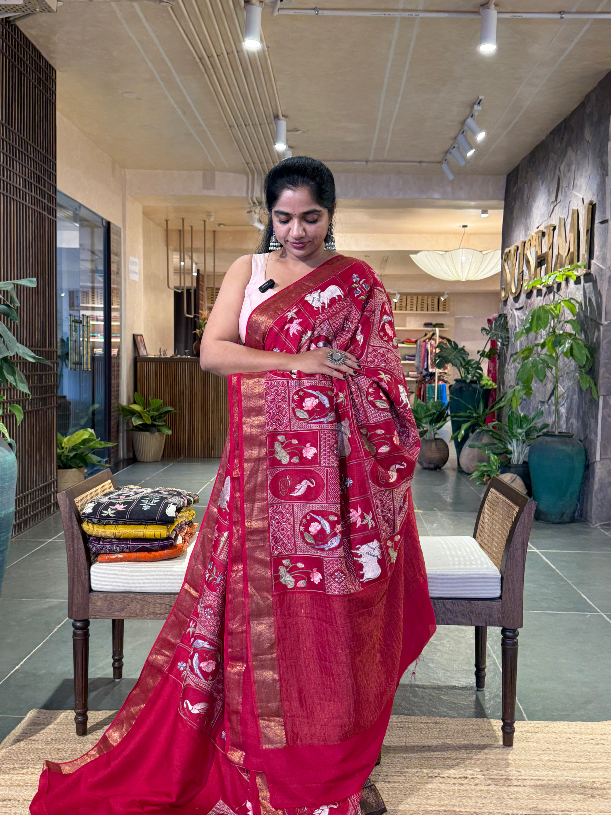 SMSEA108  Ruby Pink Pure Handloom Munga Silk Saree with Pichwai Embroidery