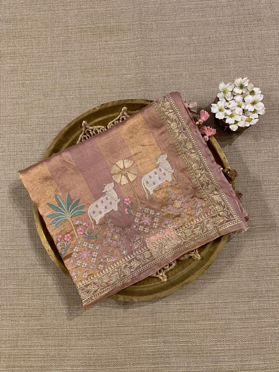 Dusty Pink Kora Tissue Stripes with Pichwai & Jamdani Inspired Embroidery