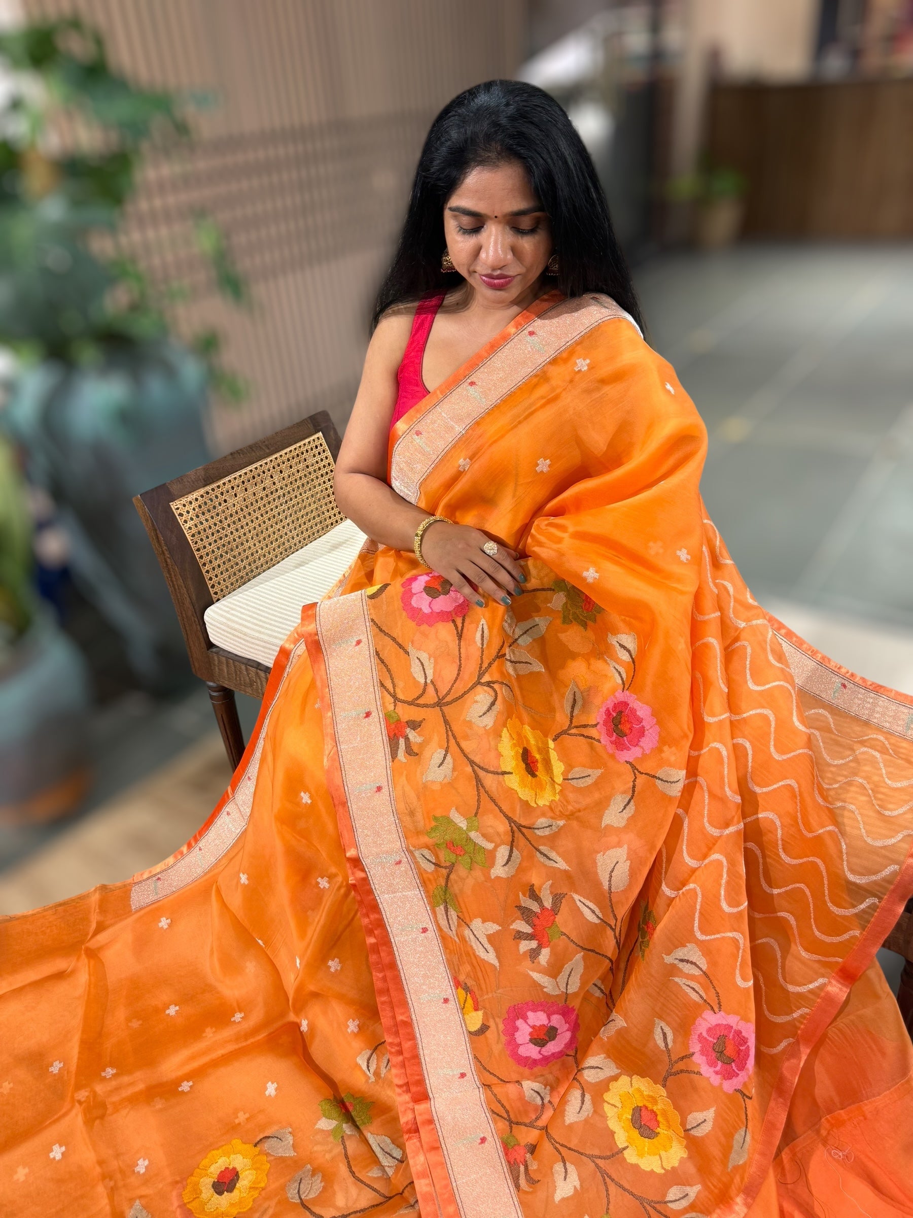 Orange Organza Silk Saree With Jamdani Inspired Embroidery