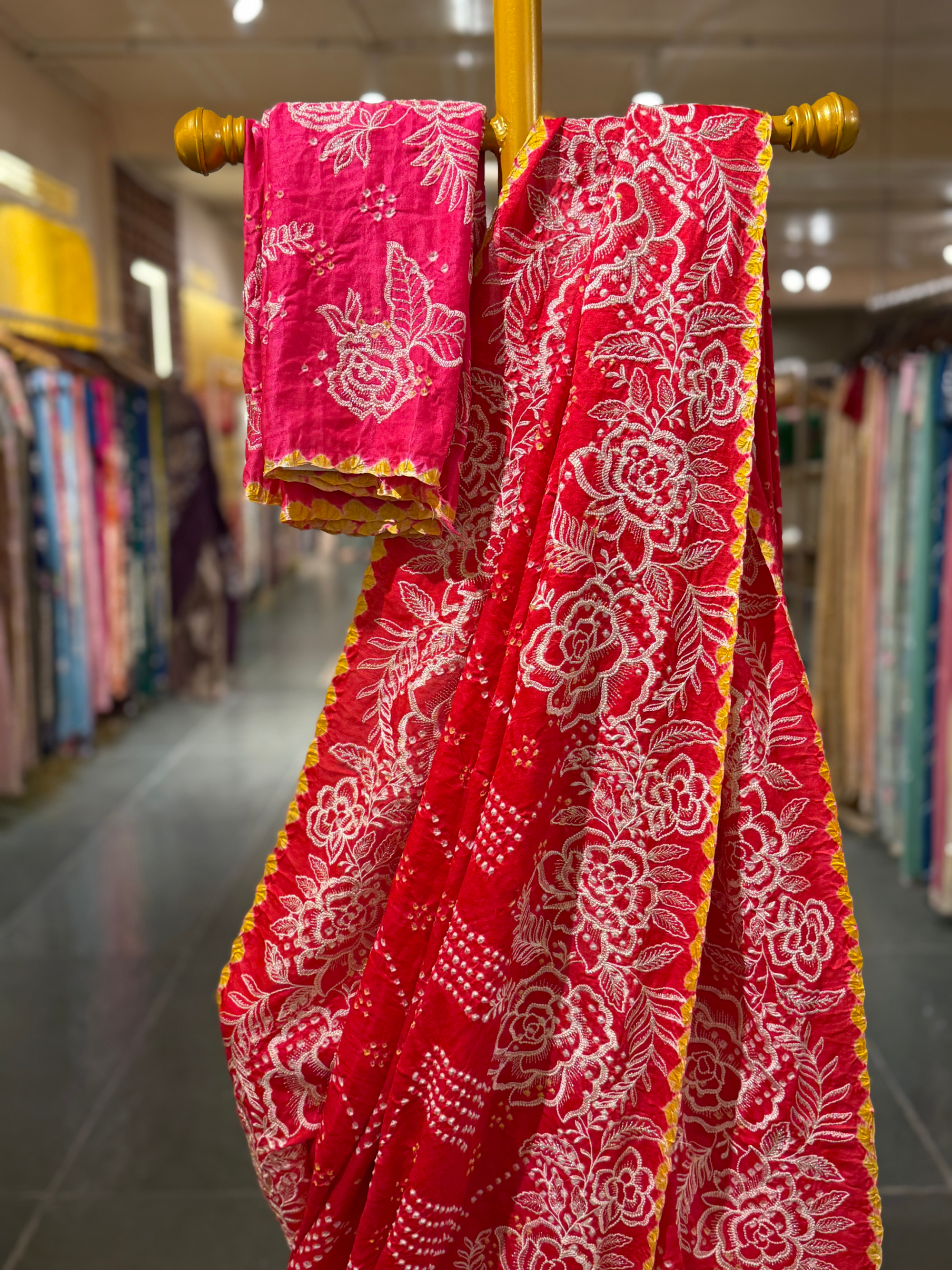 Orange and pink combo half and half style Gajji Silk  Rai Bandhej Saree