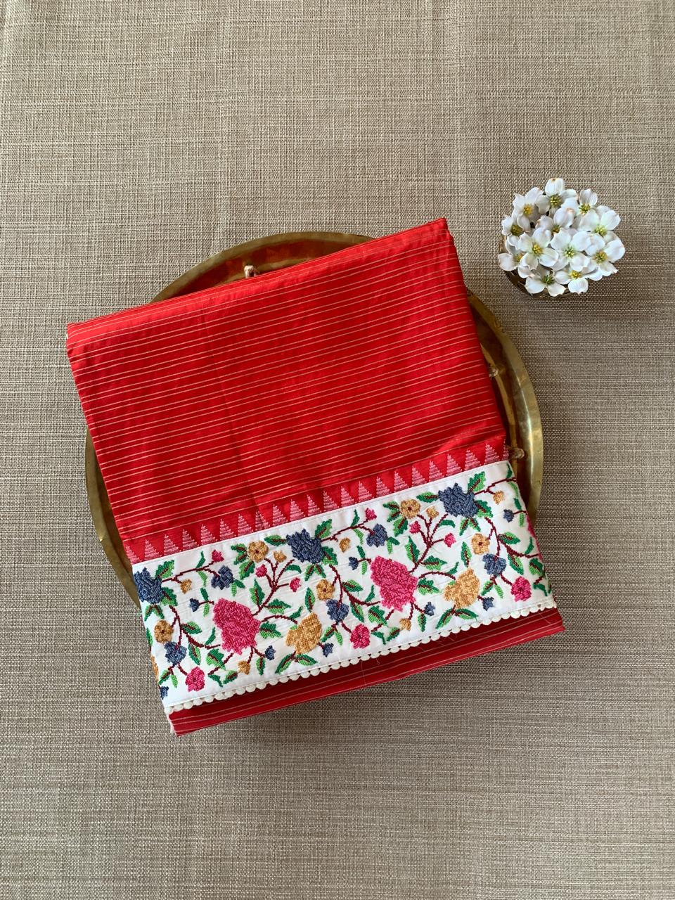 Red Kanchi Soft Silk Saree With Petite Point Embroidered Border Pallu & Blouse
