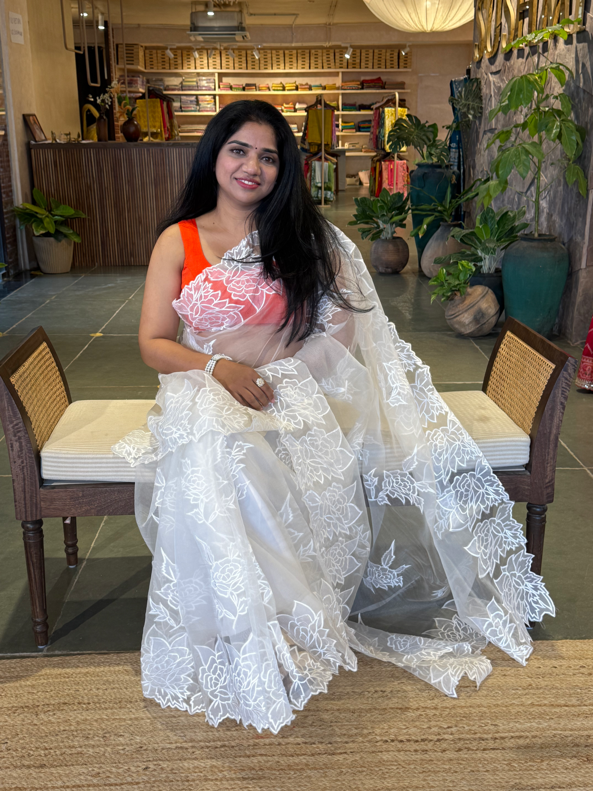 OROSEV1902 : White Organza Saree with Embroidered Rose Border