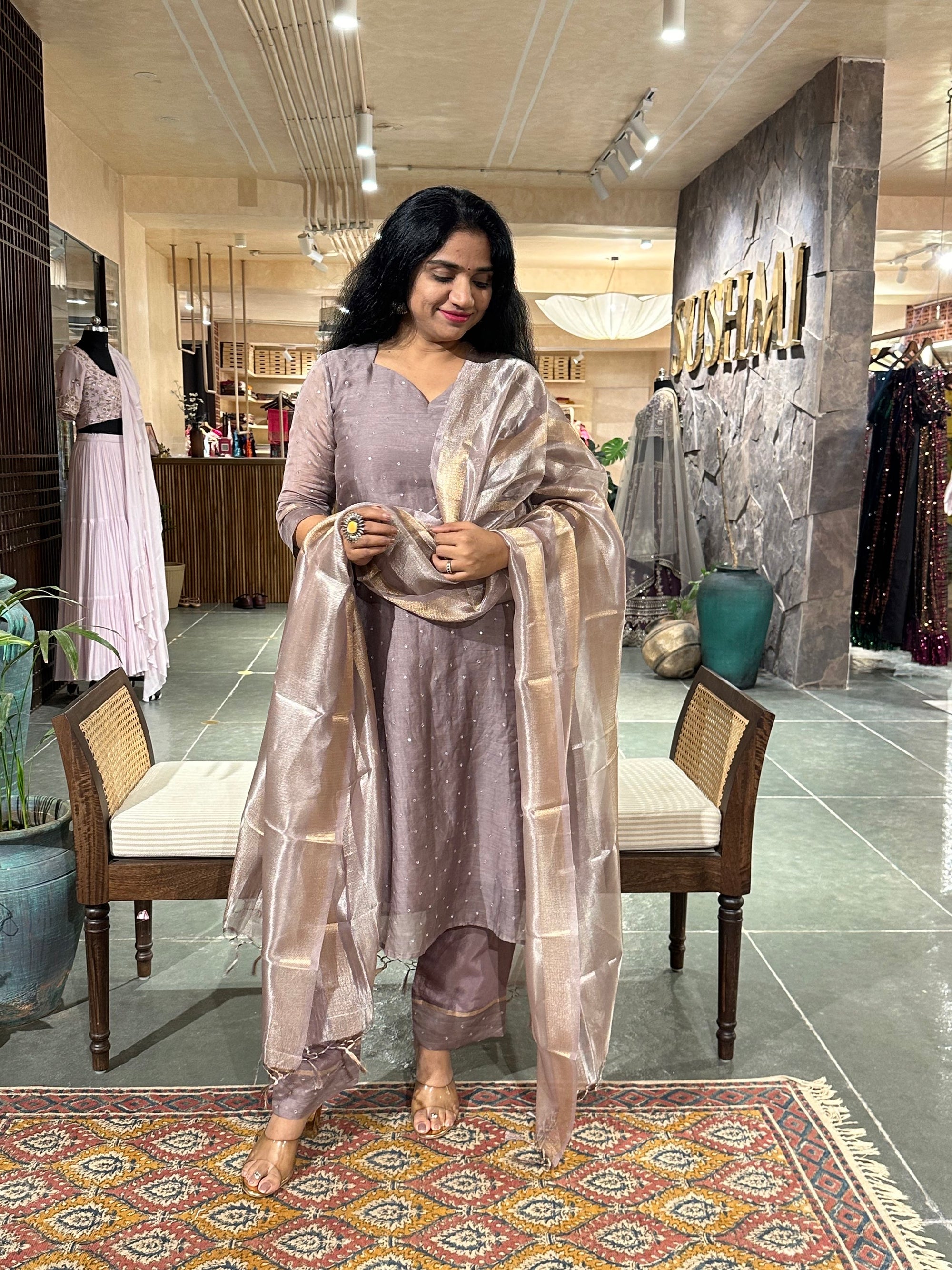 Earthy Tone pure Chanderi Silk 3 pc sticthed suit with mirror work