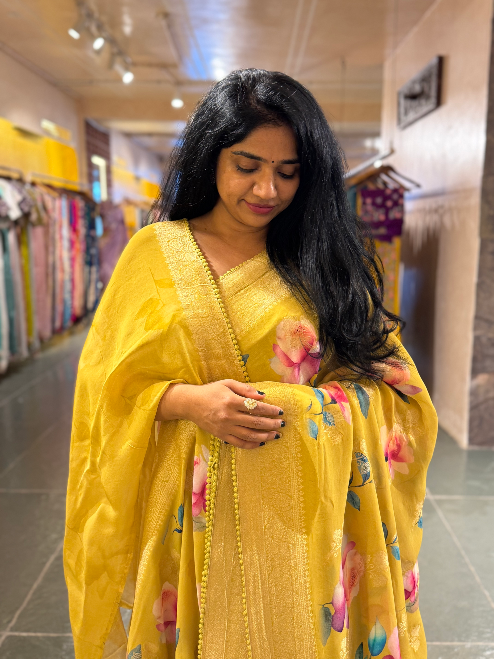 Mustard / Lime Banarasi Khaddi Gorgette Sarees with Floral Print