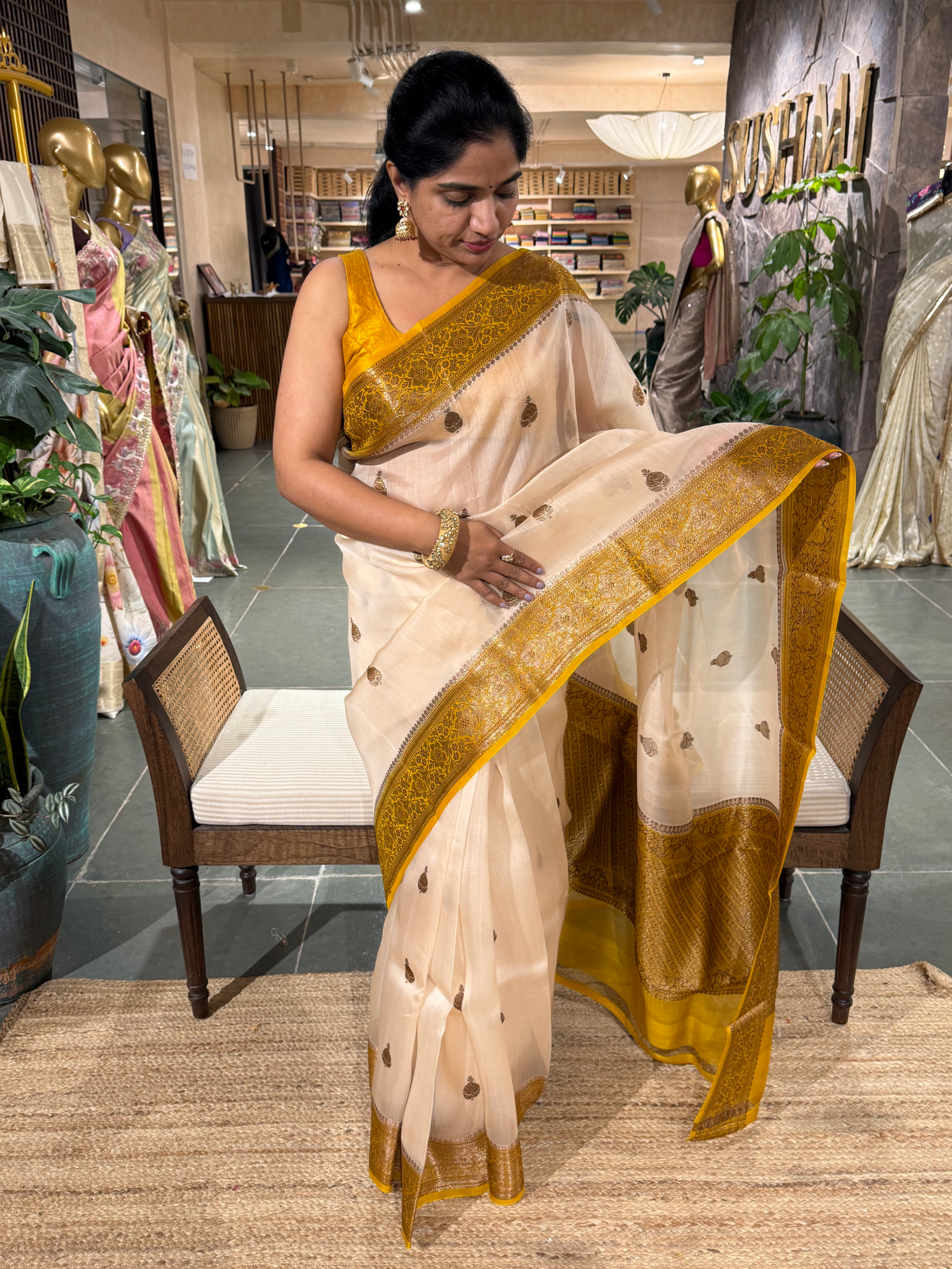 Vanilla and Mustard Combo Pure Handloom Kora Banarasi Saree