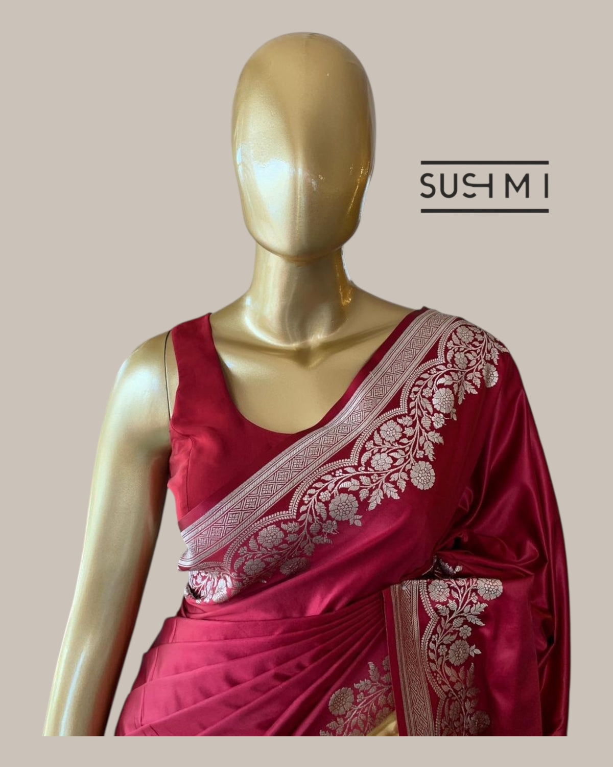 Burgundy Mashru Silk Saree With Straight and Scalloped Border