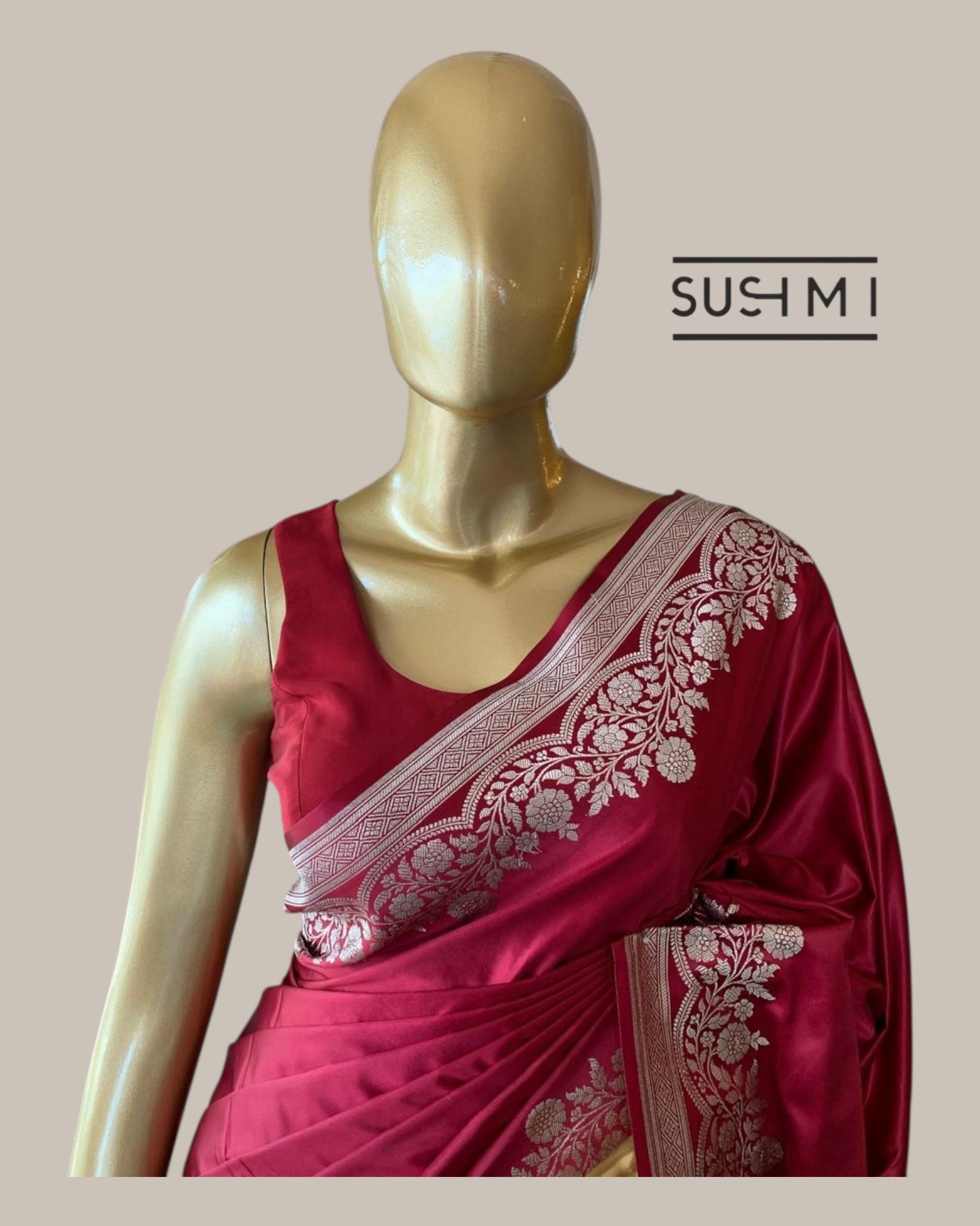 Burgundy Mashru Silk Saree With Straight and Scalloped Border