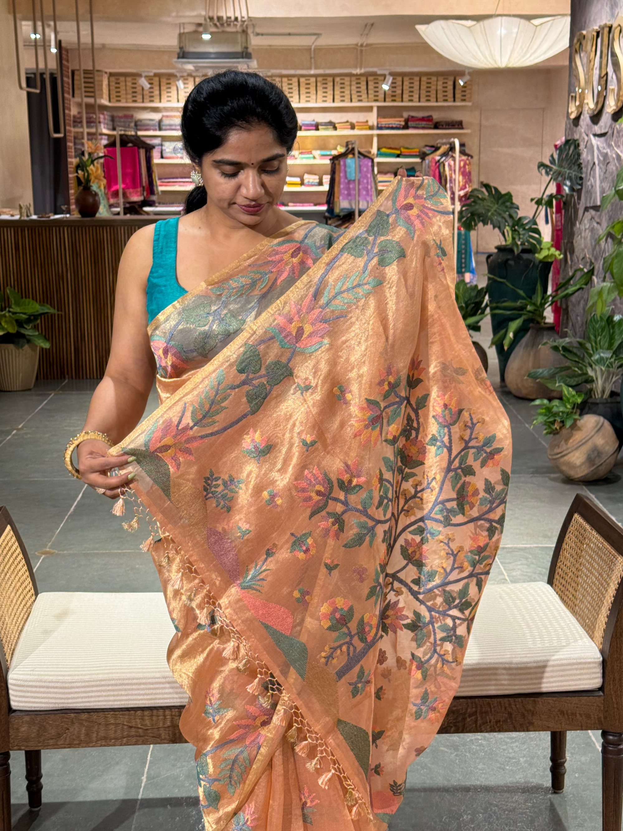 STJA207 : Peach Tissue With Jamdani Look Embroidery